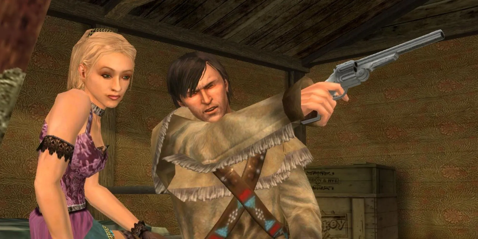 Colton White cùng một phụ nữ và khẩu súng trong tựa game Gun, thể hiện vẻ ngoài trưởng thành hơn so với tuổi thiếu niên của anh.
