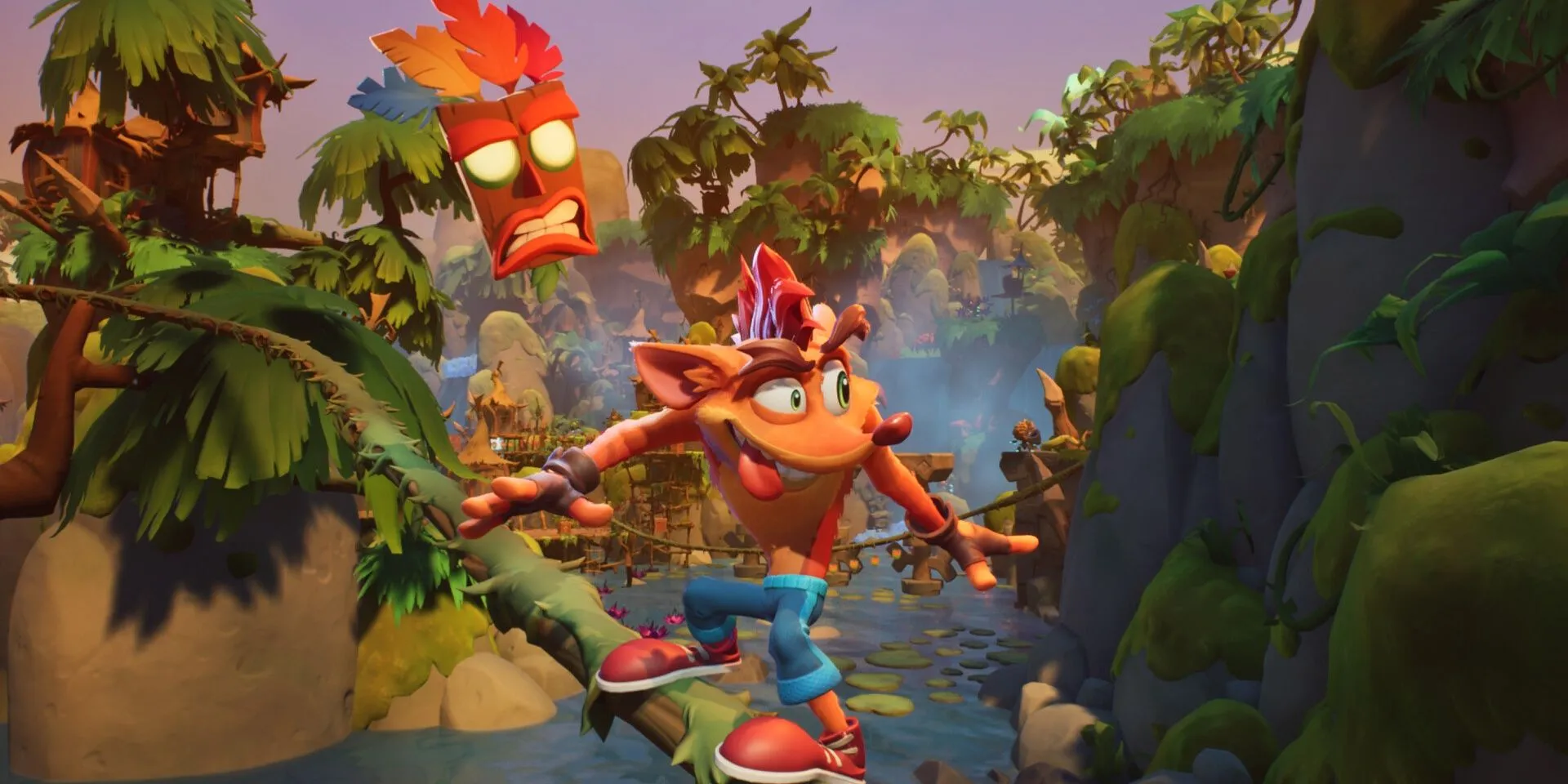 Crash Bandicoot trượt trên dây leo trong Crash Bandicoot 4: It's About Time, thể hiện lối chơi platformer năng động.