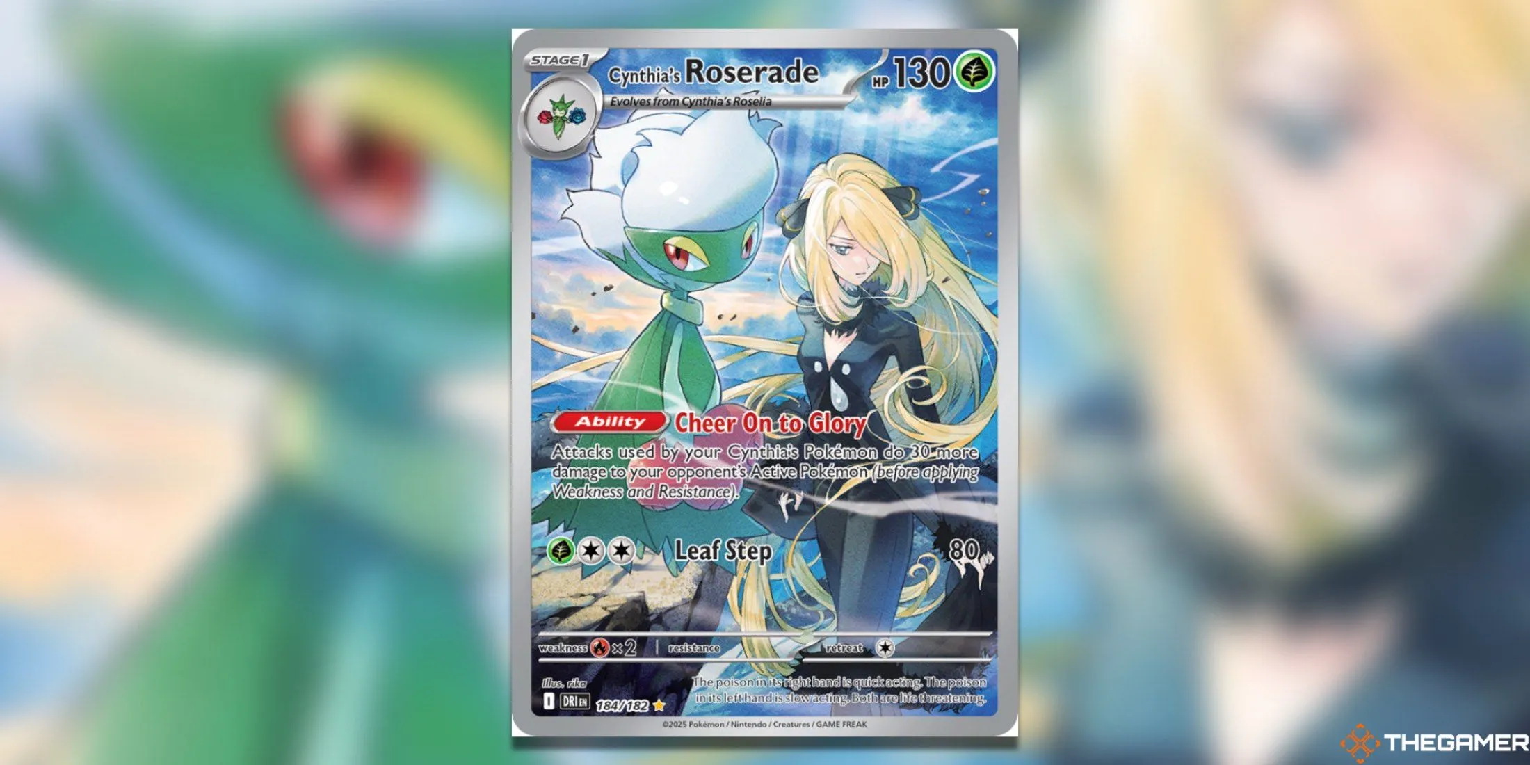 Cynthia cùng Roserade trong lá bài Illustration Rare từ bộ Destined Rivals Pokemon TCG, thể hiện biểu cảm mãnh liệt và chi tiết gió thổi.