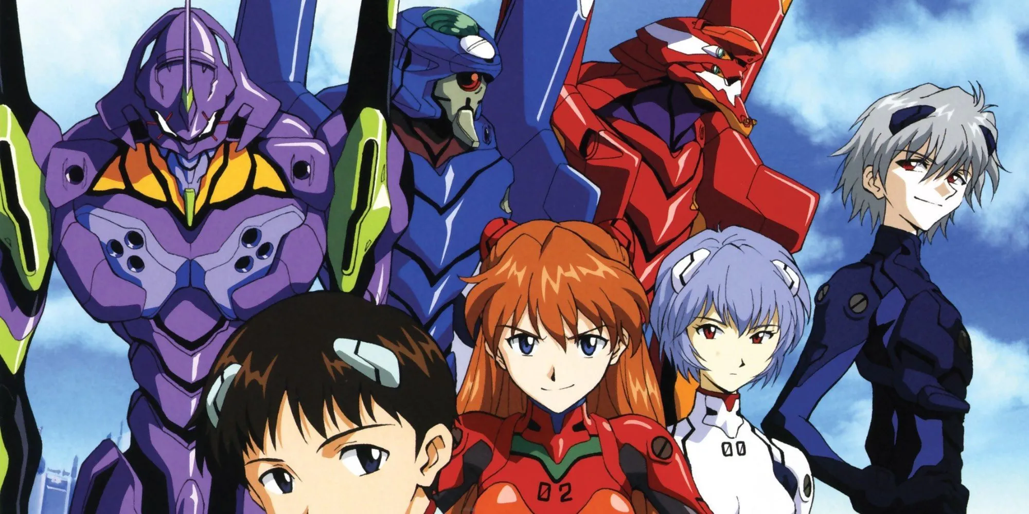 Dàn nhân vật chính của Neon Genesis Evangelion cùng các cỗ máy EVA khổng lồ