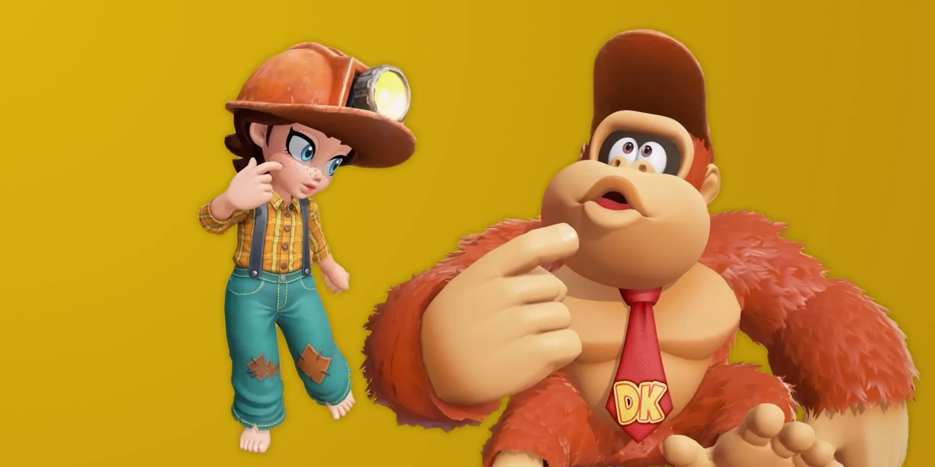 Donkey Kong và Pauline trong trang phục khai thác mới sau khi hoàn thành game Donkey Kong Bananza