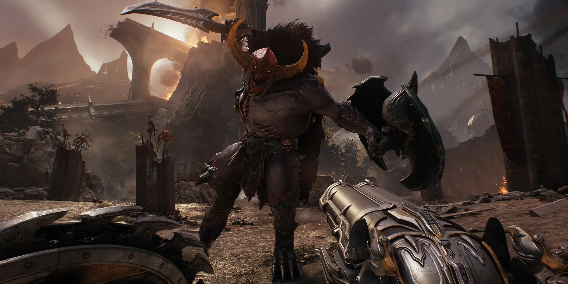 Doom Slayer với khiên và Super Shotgun trong Doom: The Dark Ages, sẵn sàng hủy diệt kẻ thù.