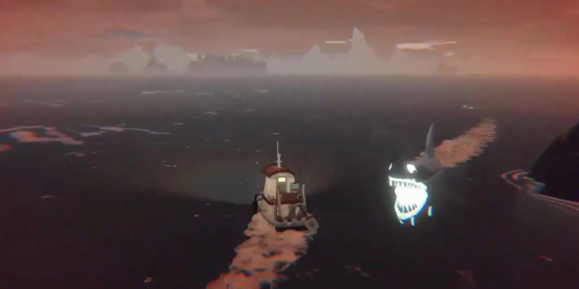 Dredge: Một con cá mập ma quái xuất hiện giữa biển đêm, tạo không khí rùng rợn của game mô phỏng câu cá kinh dị.