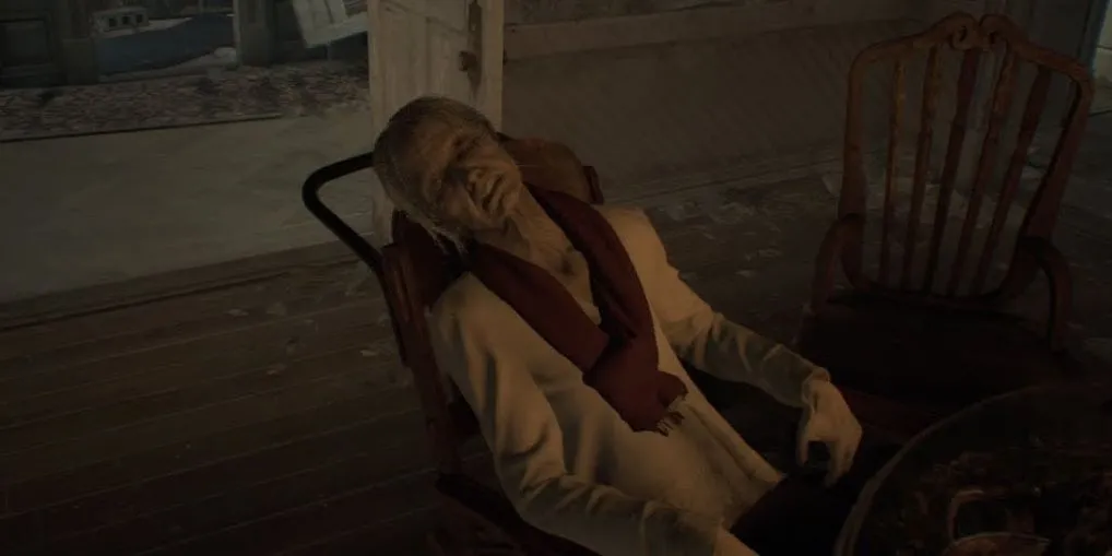 Eveline trong Resident Evil 7 với hình dáng một bà lão ngồi xe lăn, là kết quả của sự lão hóa nhanh chóng dù tuổi thật chỉ là 10.