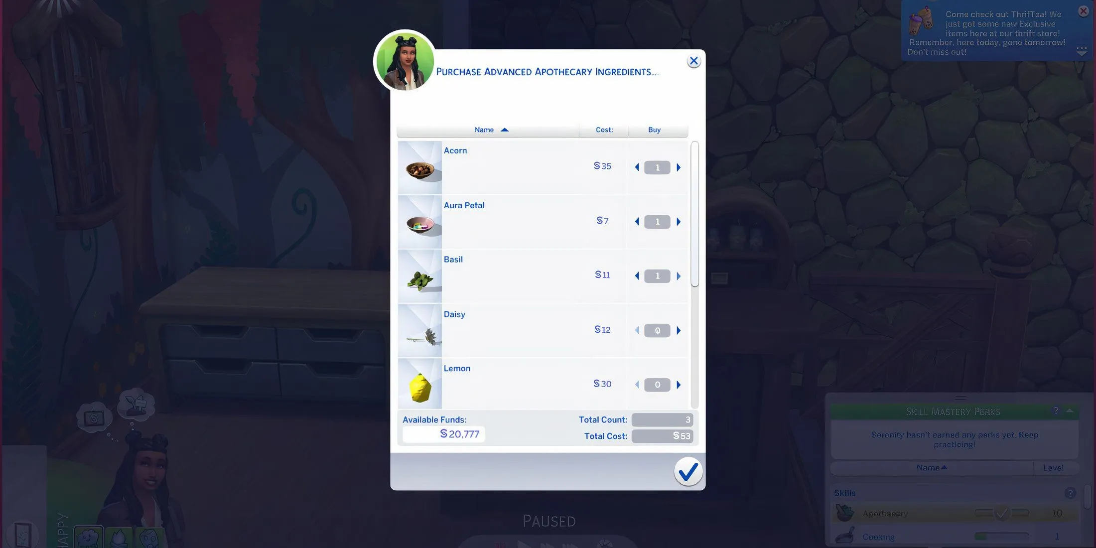 Giao diện Bàn Giả Kim và các công thức cần Cánh Hoa Aura trong The Sims 4