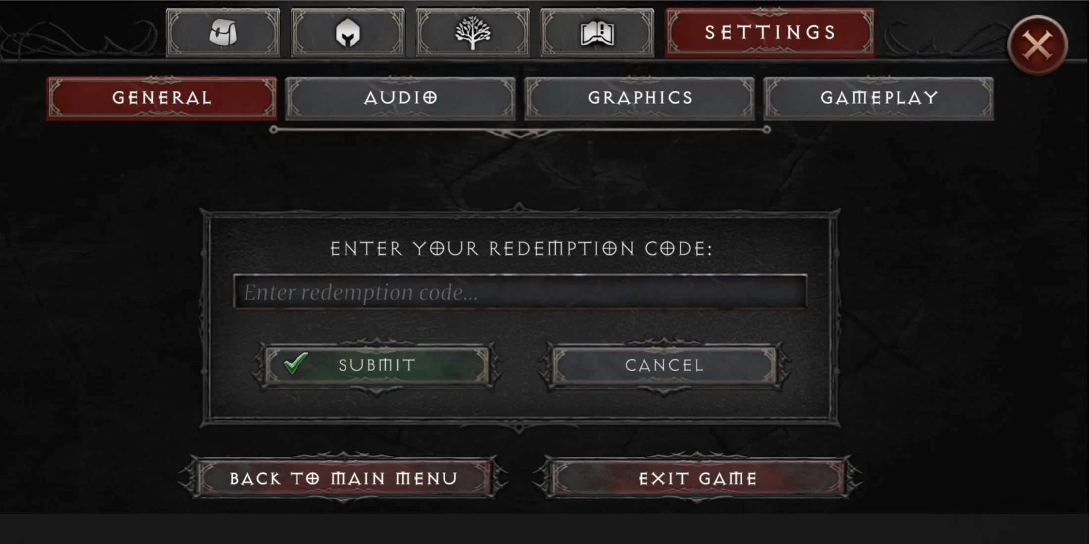 Giao diện cài đặt và tùy chọn đổi mã code trong Vampire’s Fall 2