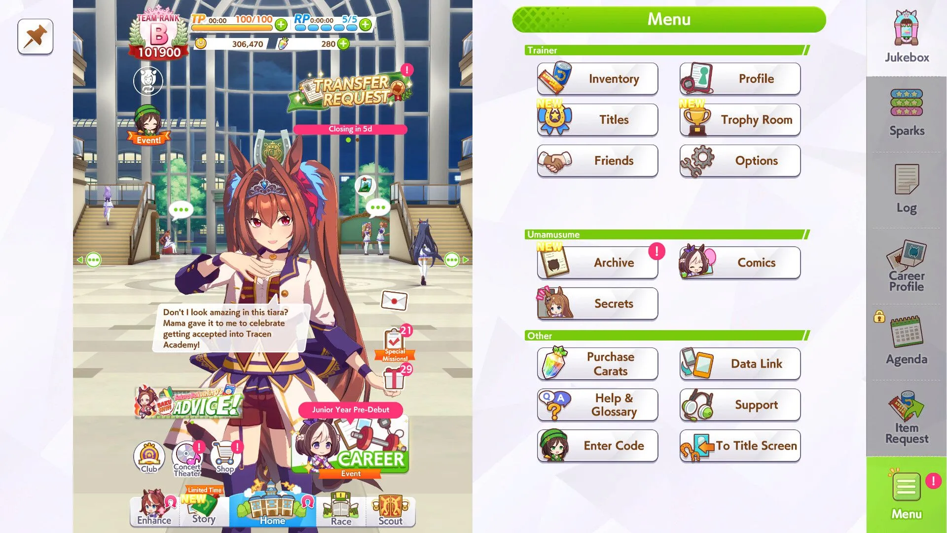 Giao diện menu chính đầy màu sắc trong game Umamusume Pretty Derby