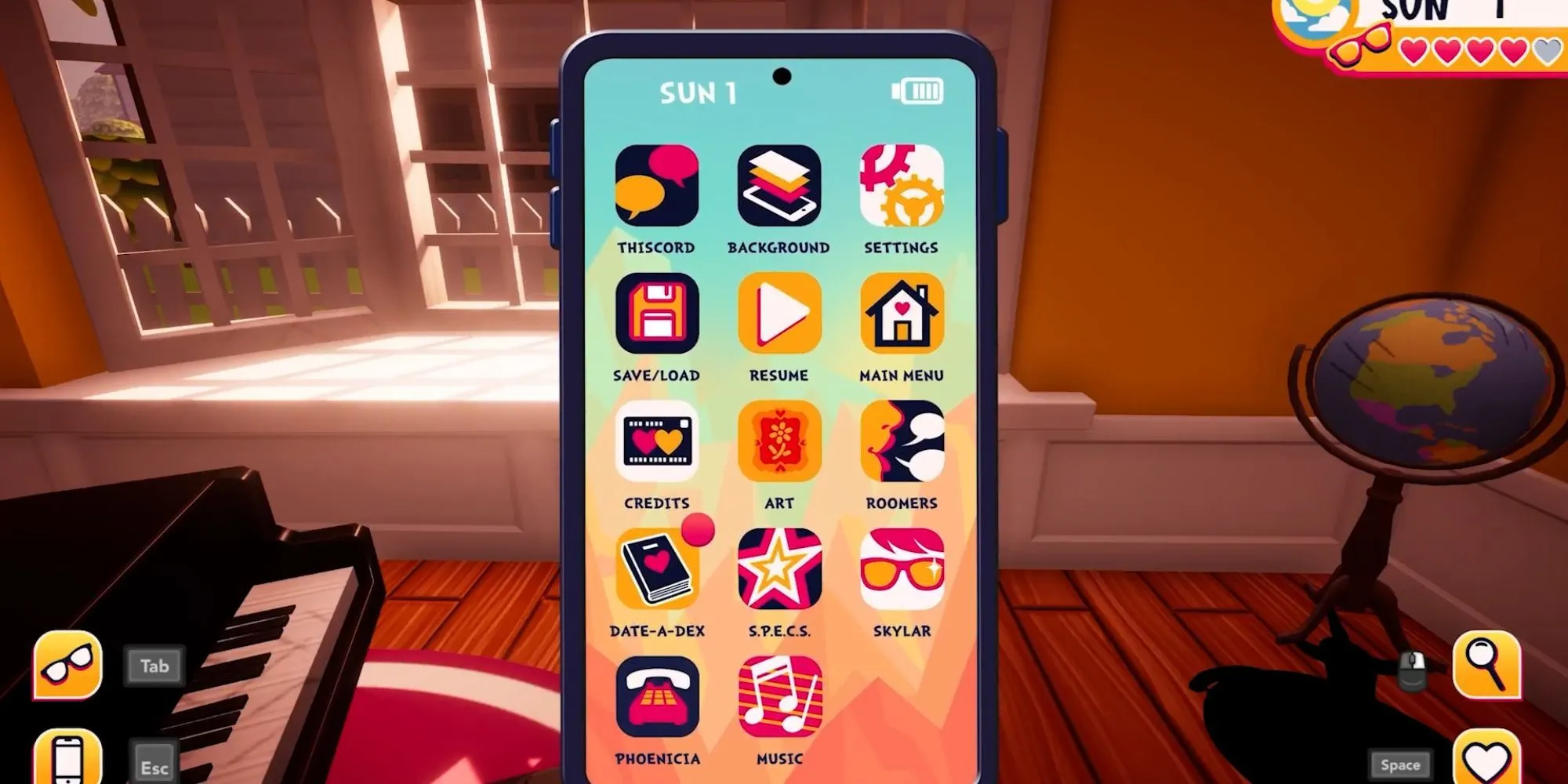 Giao diện menu trong game Date Everything! mô phỏng màn hình điện thoại, hiển thị các tùy chọn và tính năng.