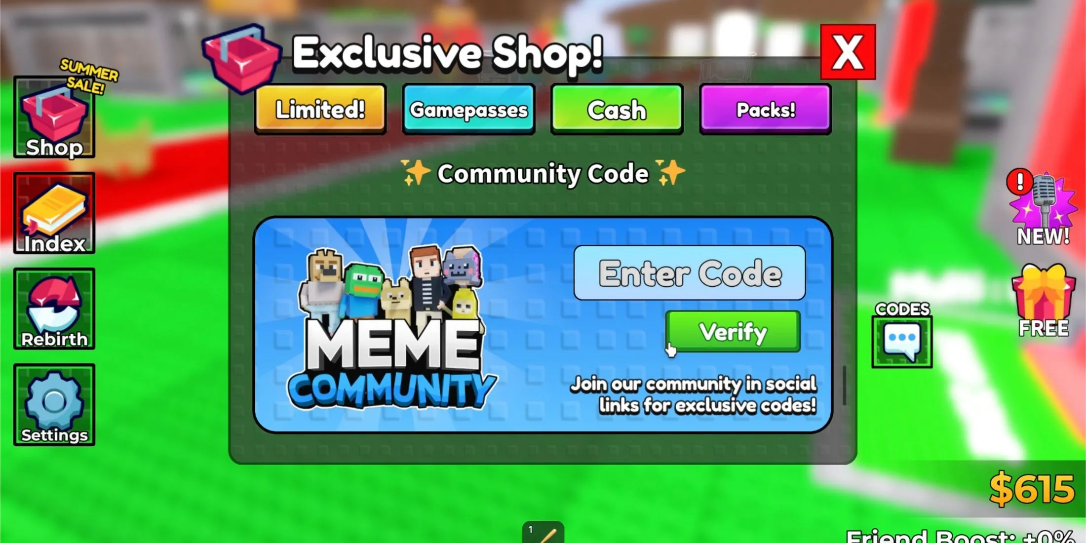 Giao diện nhập mã code trong Steal a Meme trên nền tảng Roblox