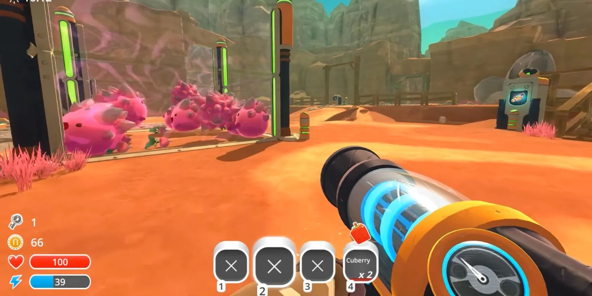 Góc nhìn người chơi đang nhắm vào các con slime trong Slime Rancher
