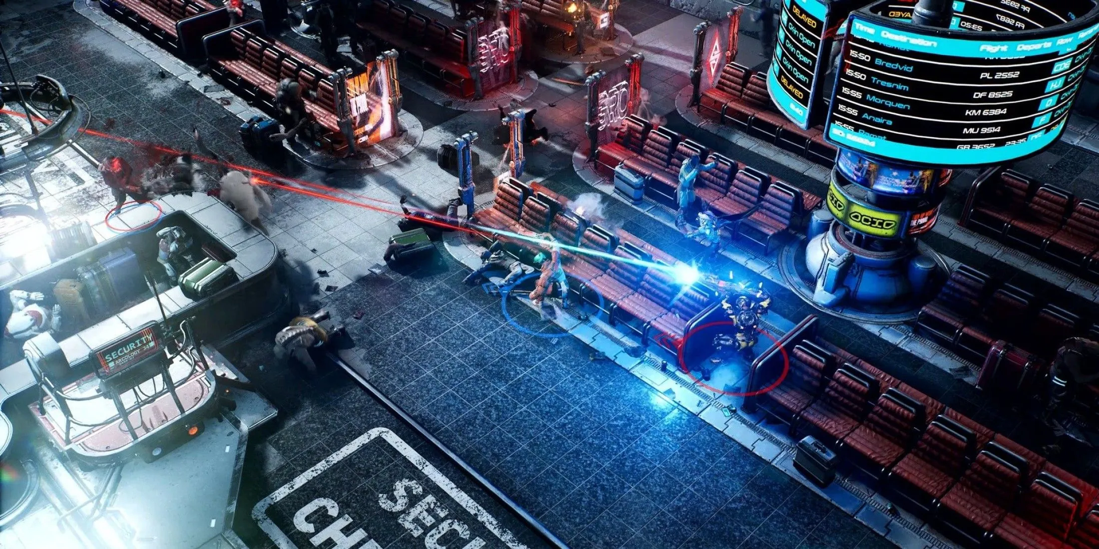 Hai người chơi The Ascent đang ẩn nấp và chiến đấu trong môi trường cyberpunk đầy ánh sáng neon.