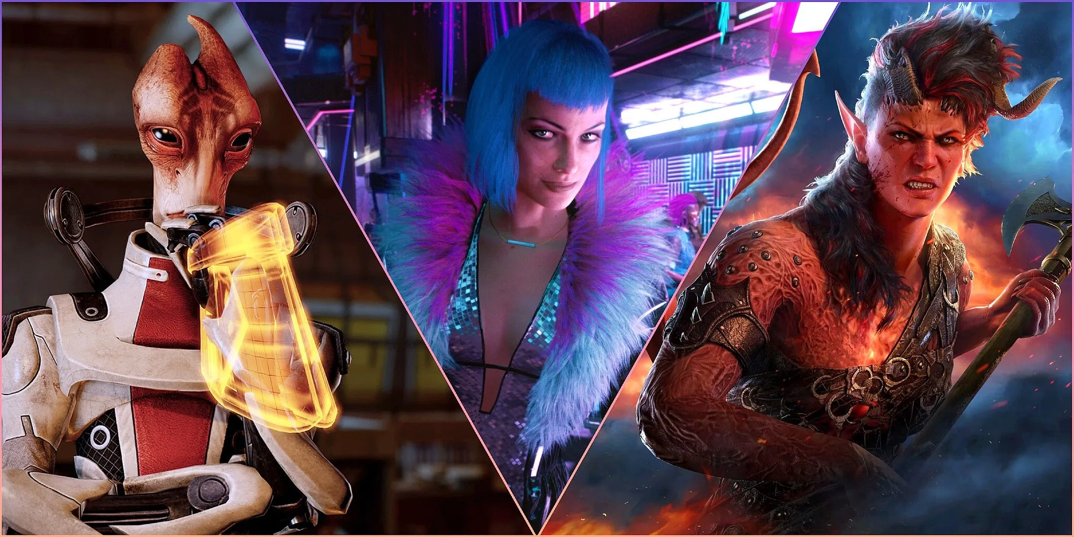 Hình ảnh các tựa game nhập vai nổi bật với cách kể chuyện điện ảnh ấn tượng, như Mass Effect 2 và Cyberpunk 2077.