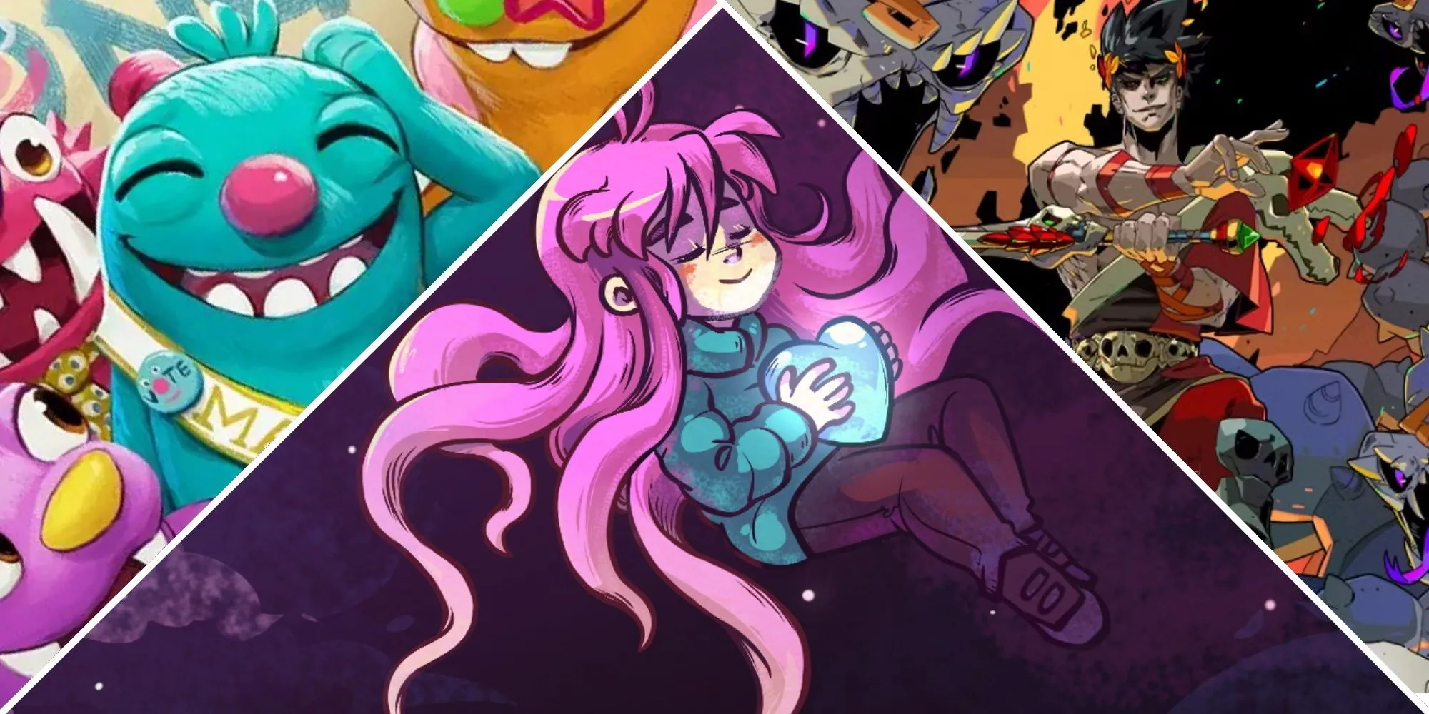 Hình ảnh collage các game nổi bật có yếu tố LGBTQIA+: Bugsnax, Celeste, Hades.