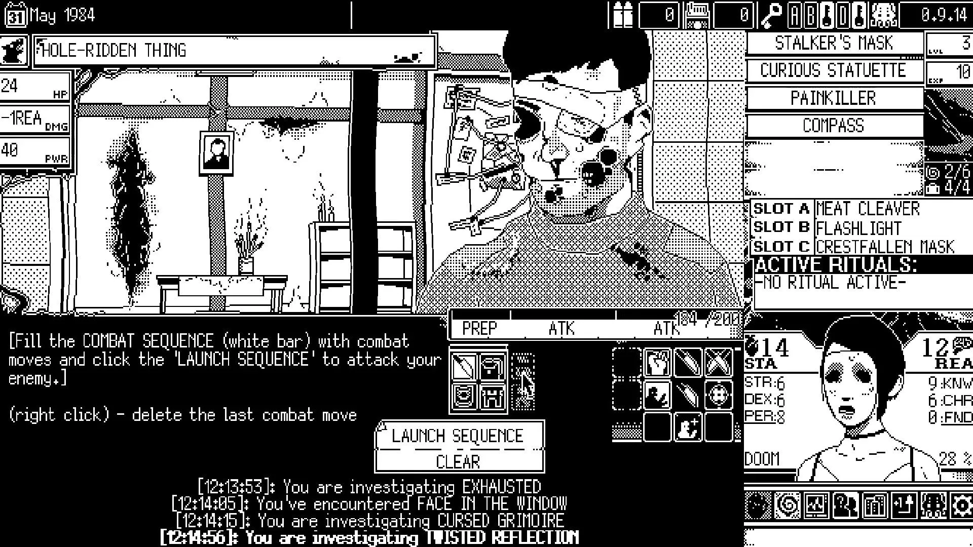 Hình ảnh gameplay World of Horror với quái vật đáng sợ trong không gian học đường