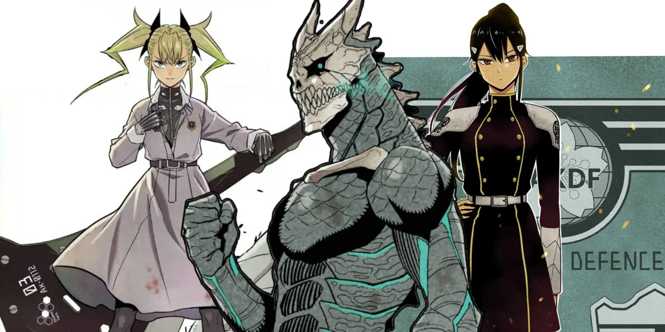Hình ảnh Kafka Hibino, Mina Ashiro và Kikoru Shinomiya, những nhân vật chủ chốt với cái kết đáng nhớ trong manga Kaiju No. 8.