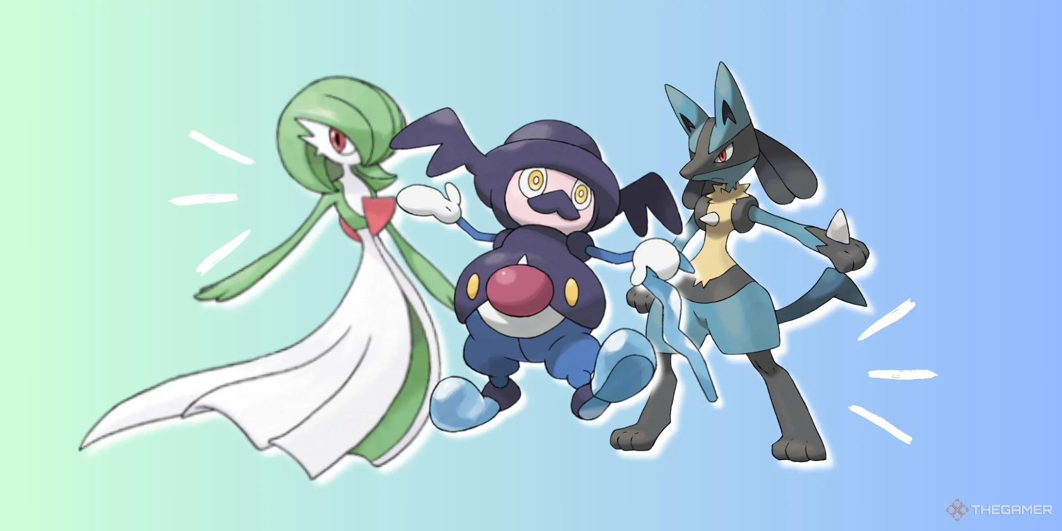 Hình ảnh minh họa ba Pokémon Gardevoir, Mr. Rime và Lucario trên nền chuyển màu xanh lá và xanh dương