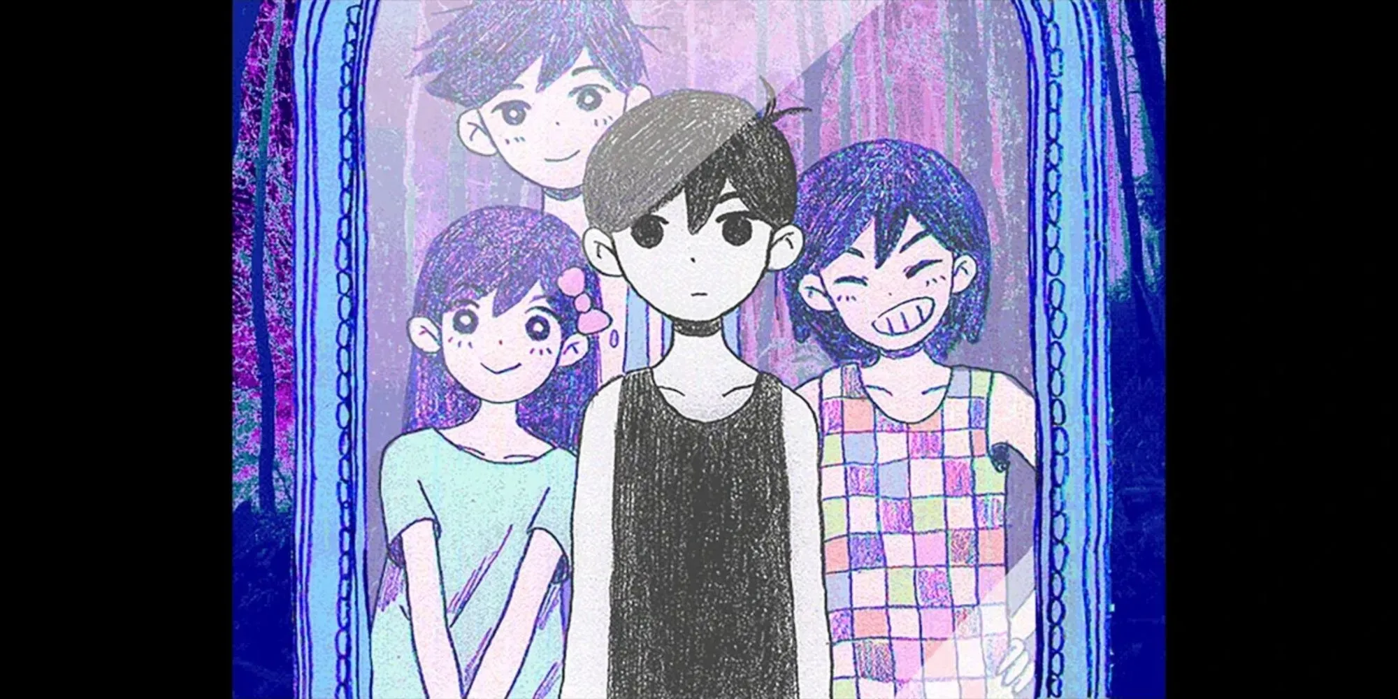 Hình ảnh nhân vật Omori trong thế giới game đầy màu sắc và u ám