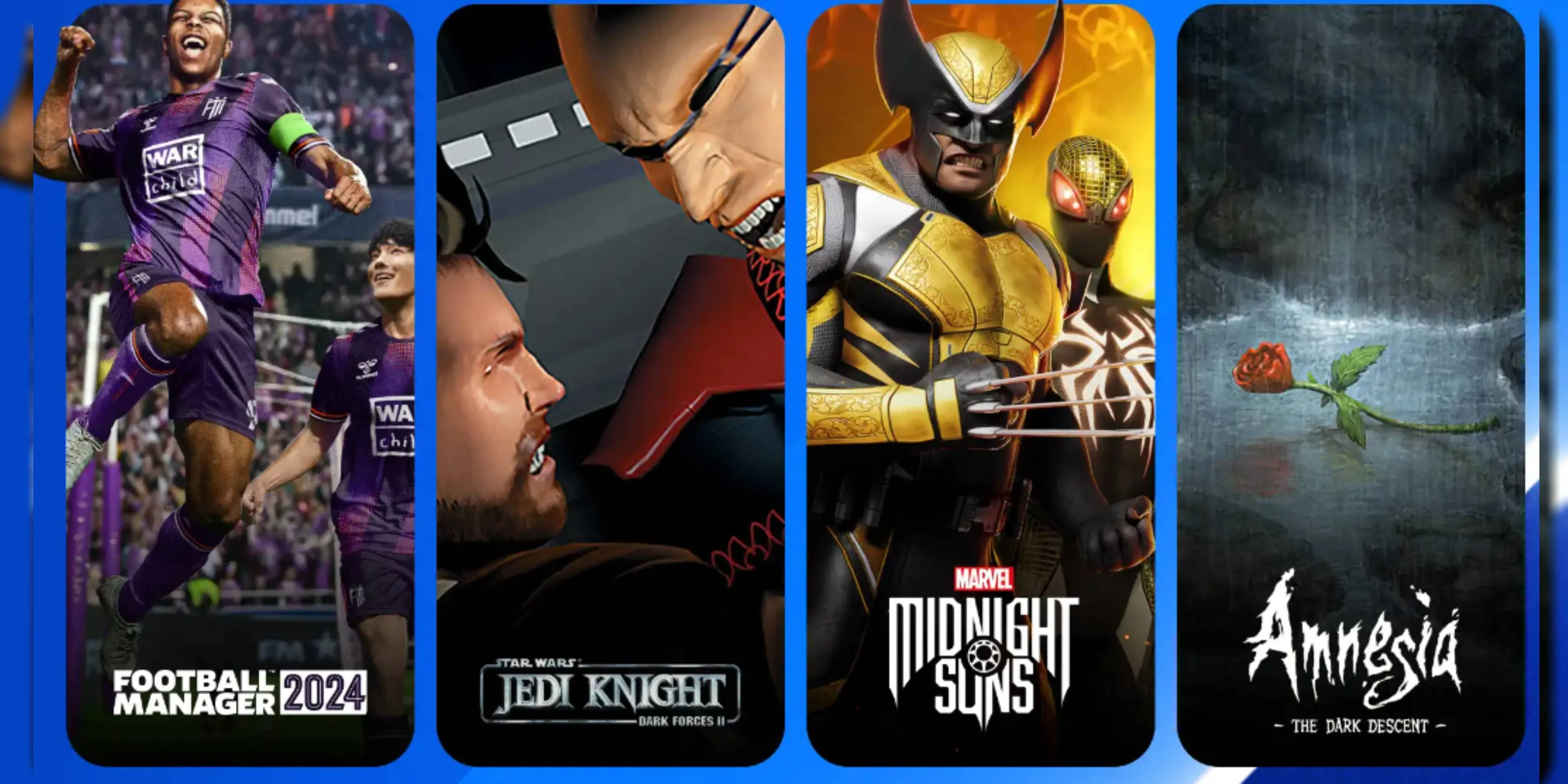 Hình ảnh quảng bá các game miễn phí trên Amazon Prime Gaming tháng 7, bao gồm Marvel's Midnight Suns, Star Wars, Football Manager 2024, Amnesia