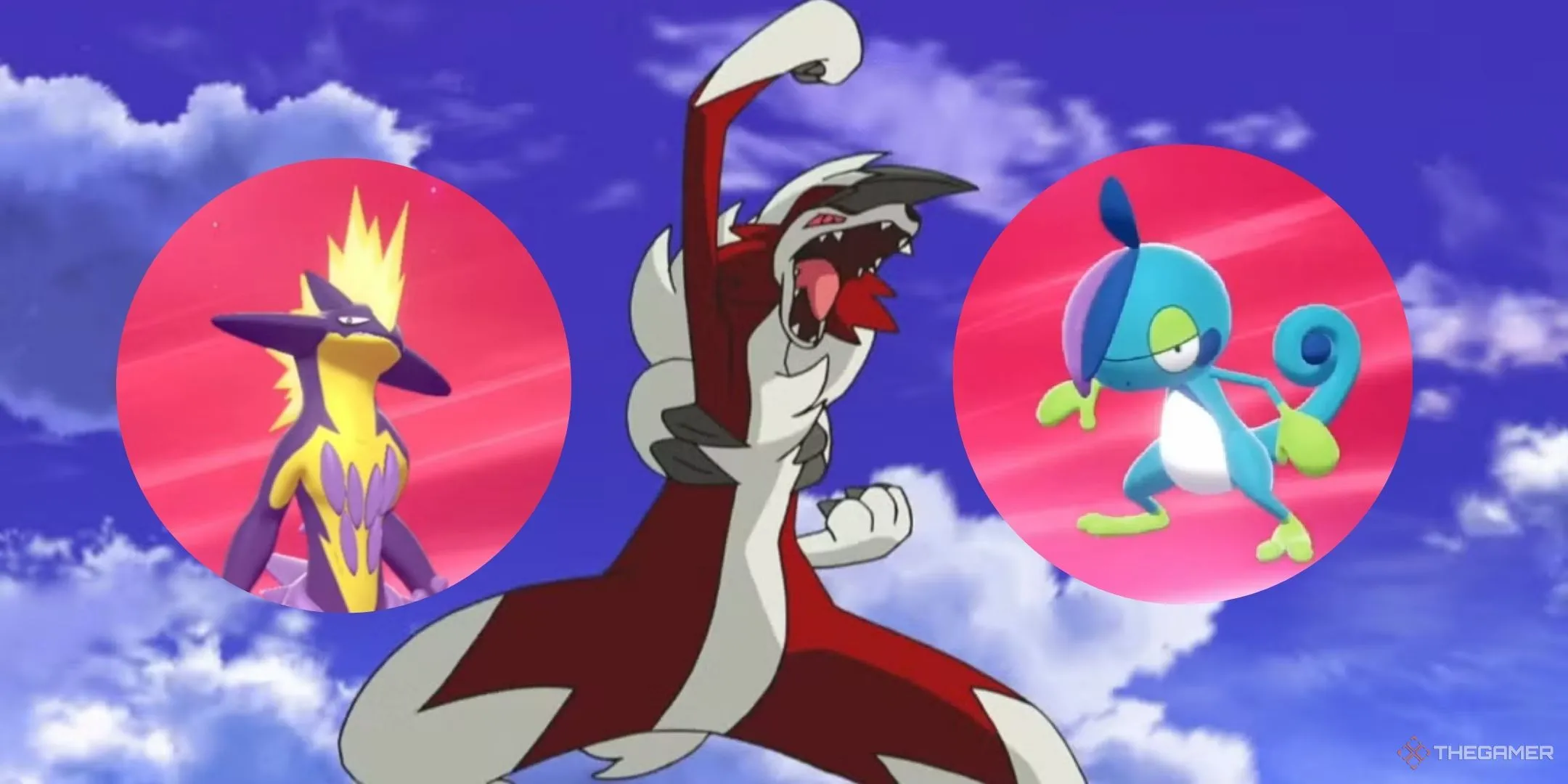Hình ảnh tổng hợp ba Pokémon Toxictricity, Lycanroc và Drizzile với phong cách mạnh mẽ
