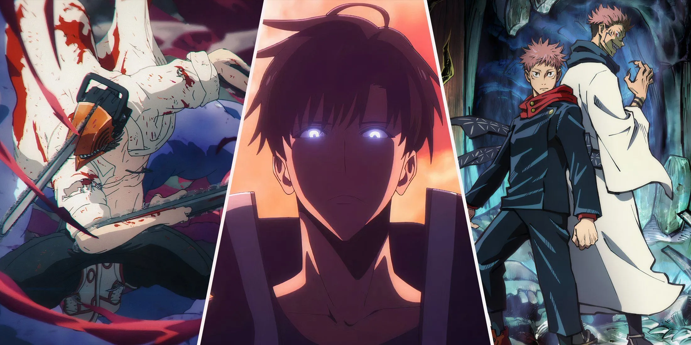 Hình ảnh tổng hợp các anime hành động đỉnh cao thập niên 2020 như Solo Leveling và Jujutsu Kaisen, minh họa sự cạnh tranh của Sakamoto Days