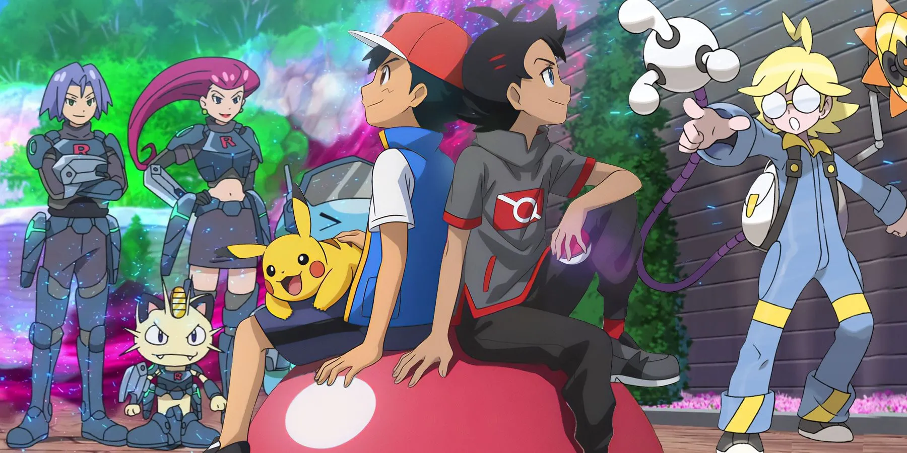 Hình ảnh tổng hợp các mùa anime Pokemon với Ash và Pikachu, thể hiện sự đa dạng của hành trình Pokemon