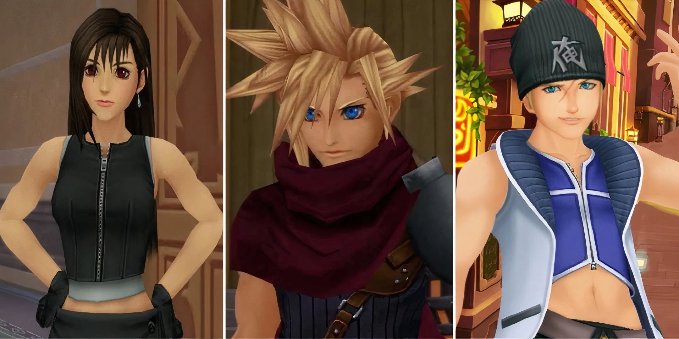 Hình ảnh tổng hợp các nhân vật Final Fantasy kinh điển như Tifa, Cloud và Seifer xuất hiện trong series Kingdom Hearts.