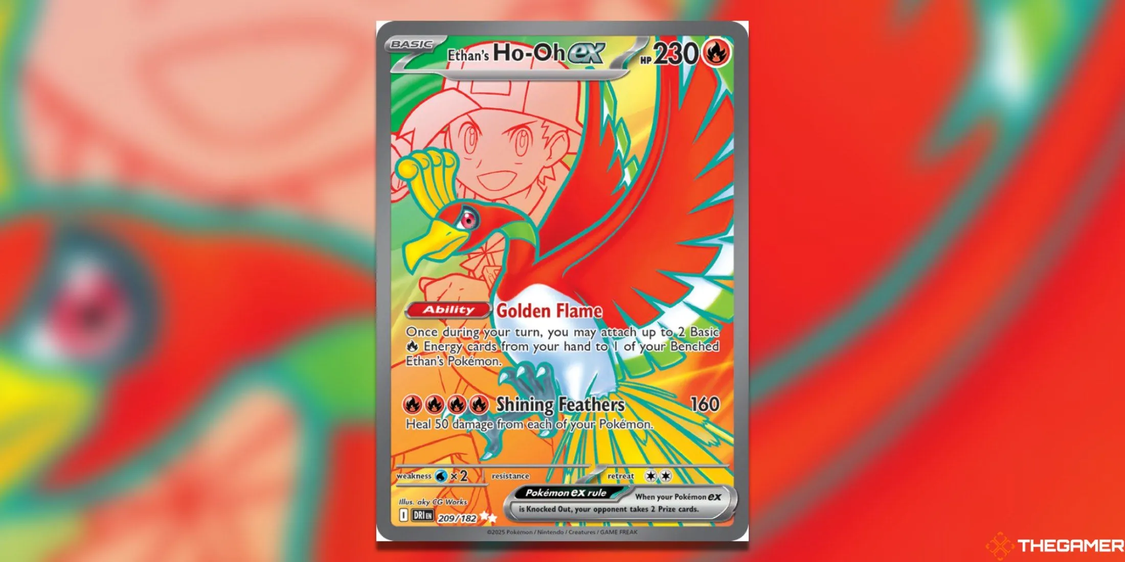 Ho-Oh ex cùng huấn luyện viên Ethan trong lá bài Ultra Rare thuộc bộ Destined Rivals Pokemon TCG, với màu sắc cầu vồng rực rỡ từ đôi cánh Ho-Oh.