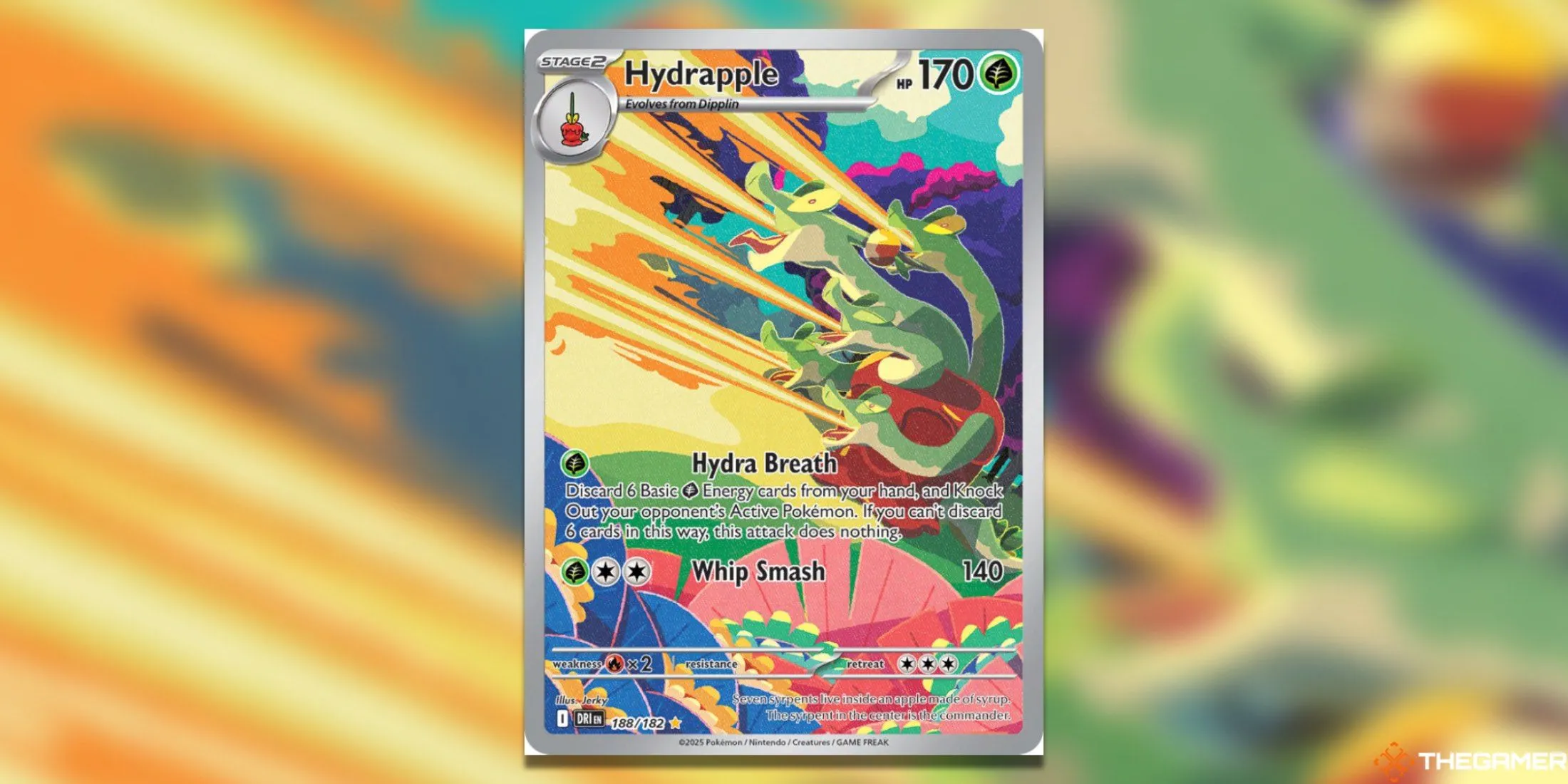 Hydrapple Illustration Rare từ bộ Destined Rivals trong Pokemon TCG, thể hiện hình ảnh cận cảnh Hydrapple cùng quả táo đặc trưng.