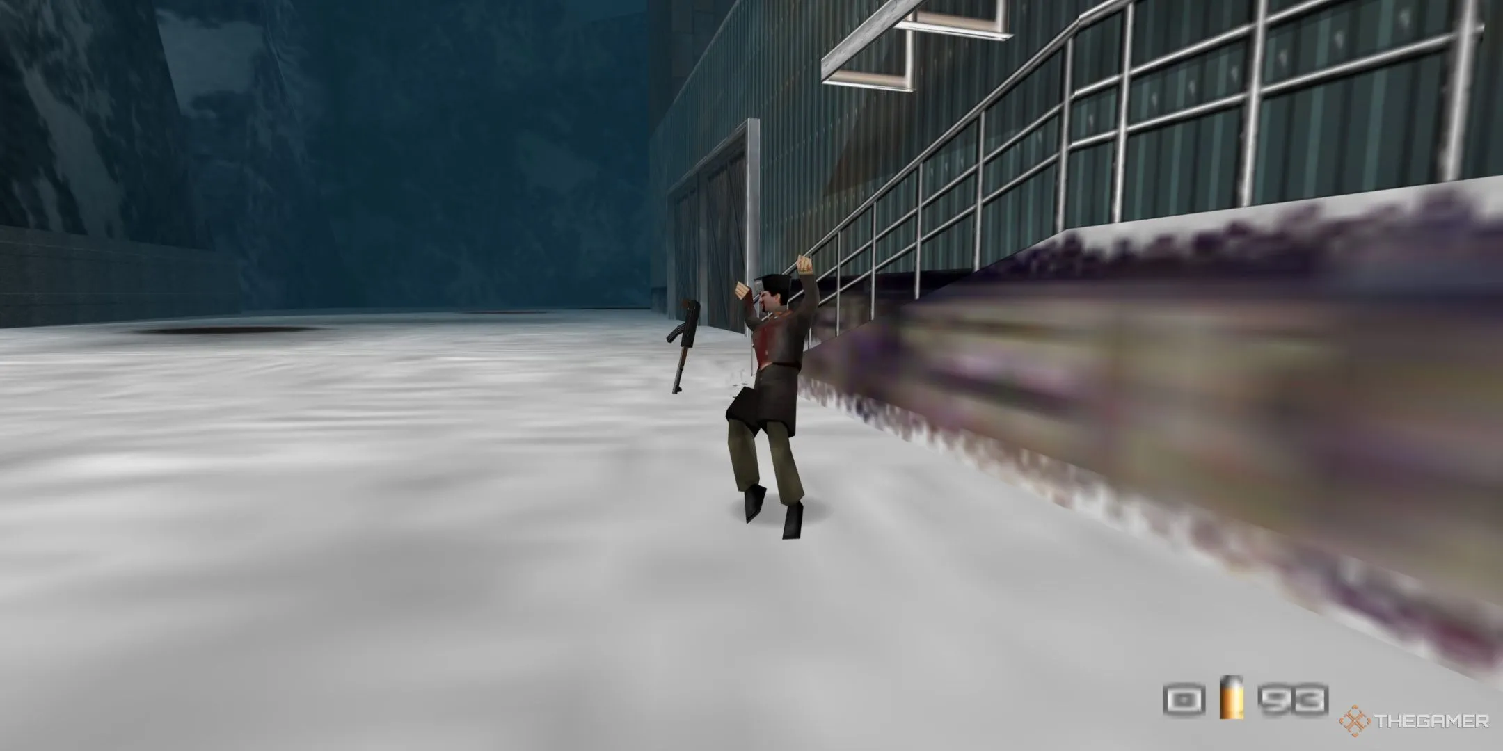 James Bond đang bắn một lính gác trong màn Runway của GoldenEye 007, thể hiện chiến thuật speedrun hiệu quả.