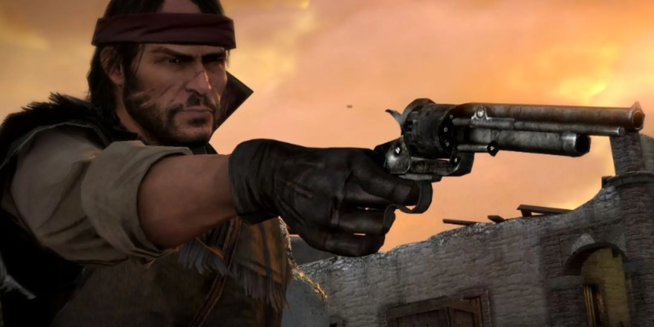 John Marston nhắm súng LeMat Revolver trong một cảnh của Red Dead Redemption