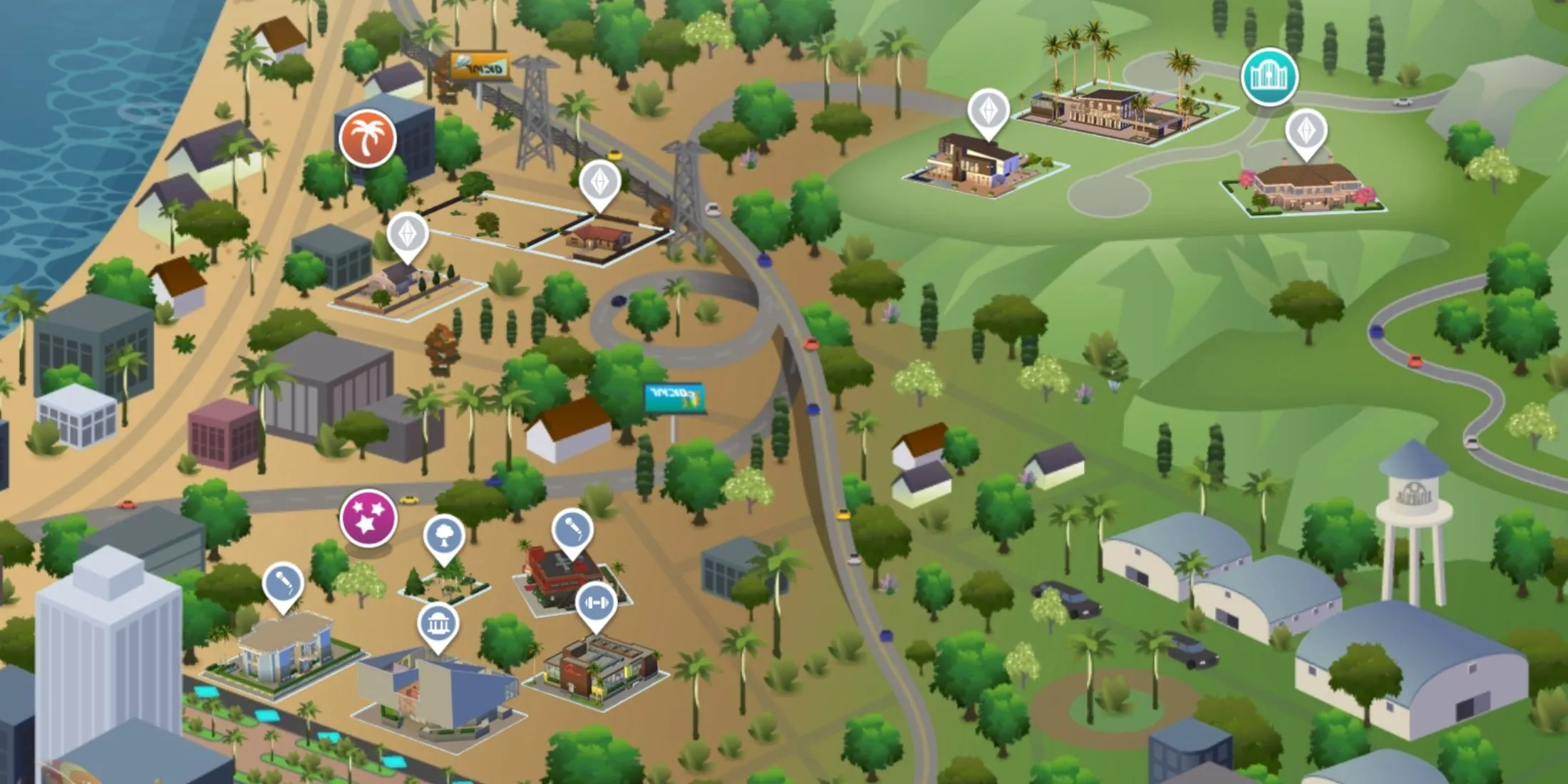 Khu phố Del Sol Valley trong The Sims 4, mang phong cách thành phố Los Angeles với những biệt thự sang trọng.