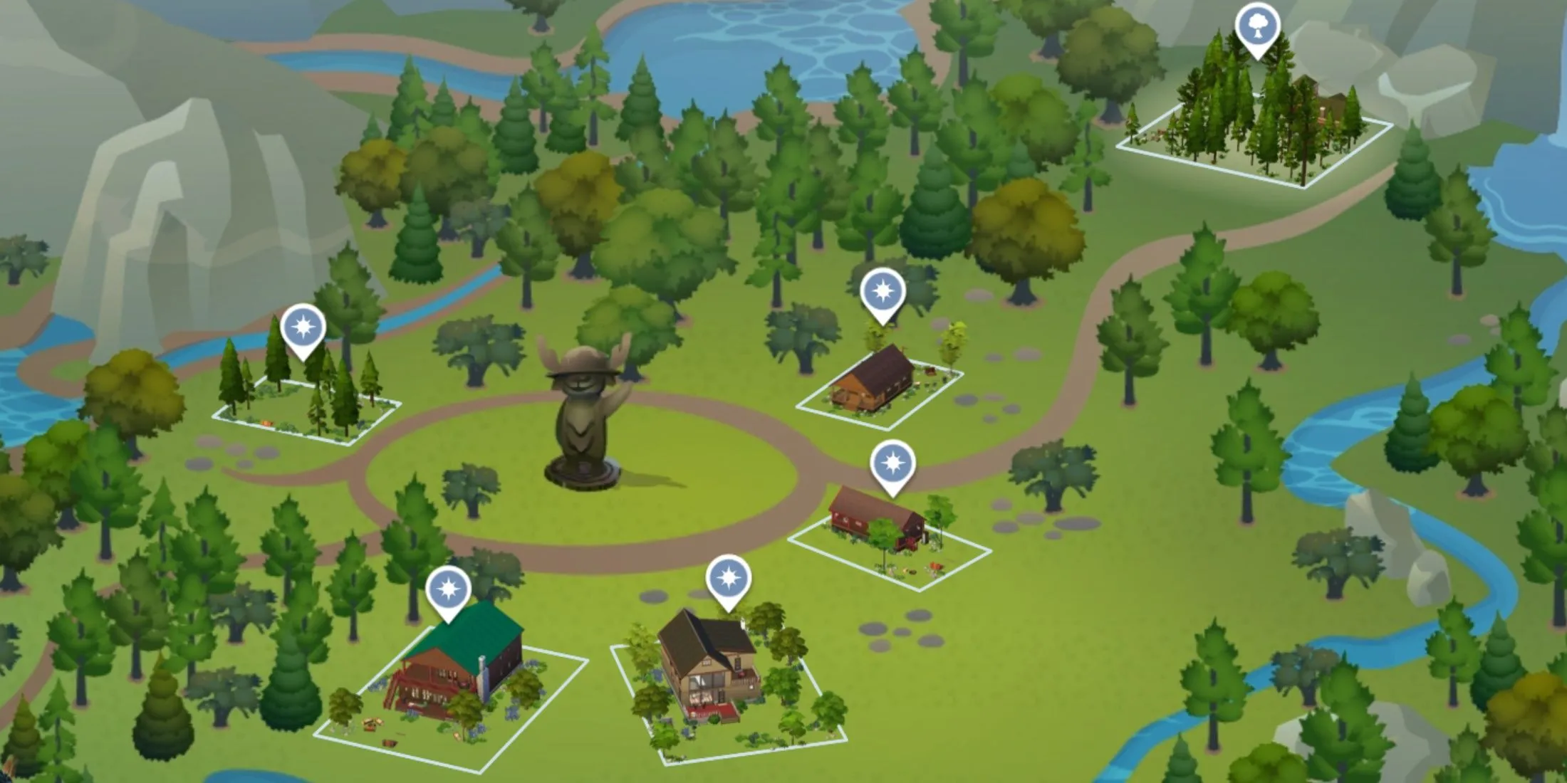 Khu rừng tại Granite Falls trong The Sims 4, mang đến không gian thiên nhiên hoang sơ.