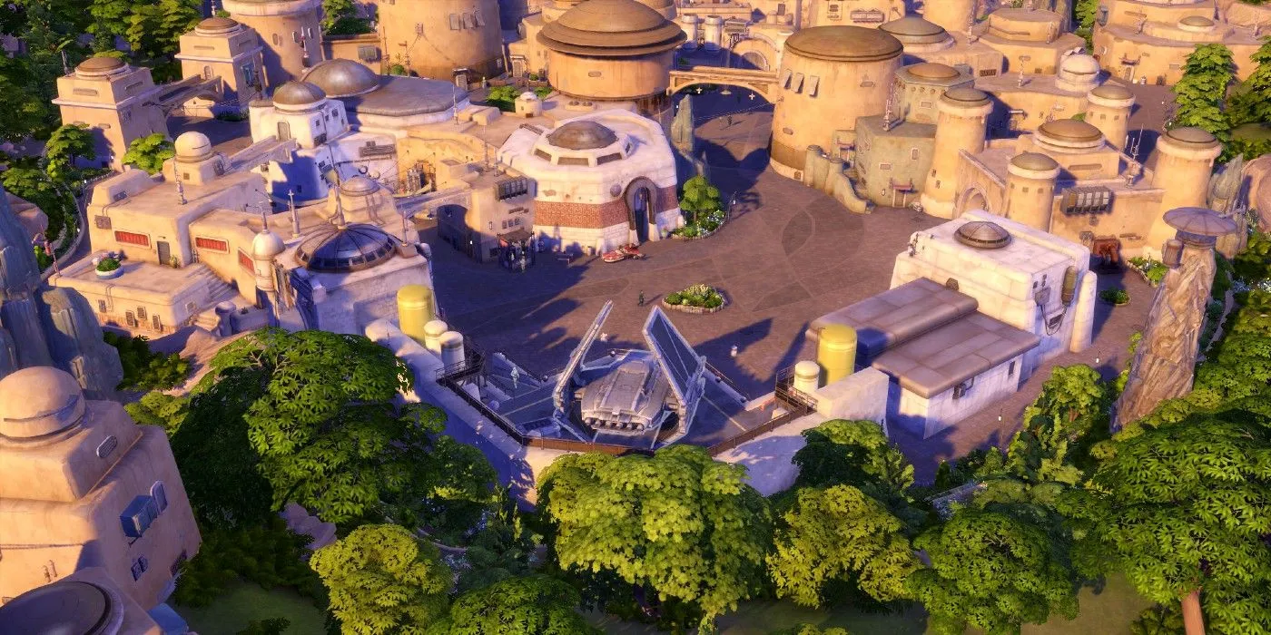 Khu vực First Order ở Batuu trong The Sims 4, cho thấy không gian game lấy cảm hứng từ Star Wars.