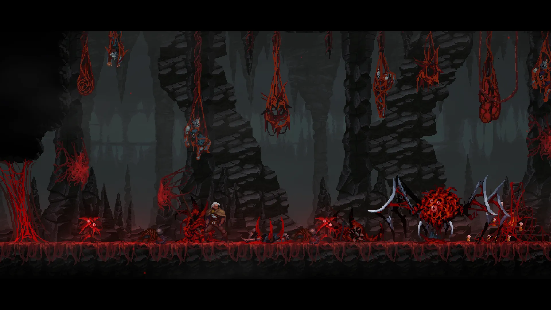 Khung cảnh hang động với đồ họa pixel art đặc trưng của Dragon Is Dead