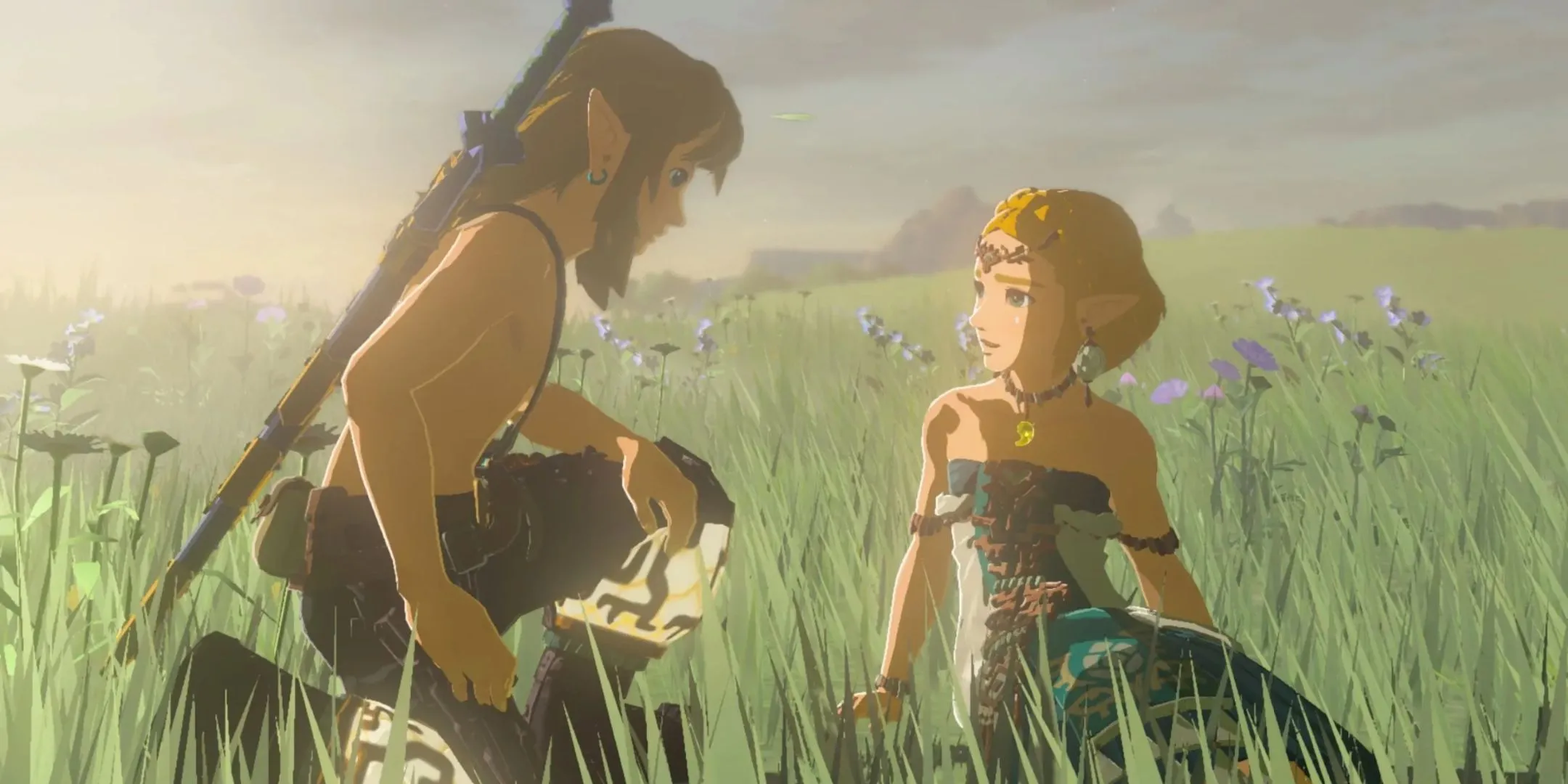 Link quỳ cạnh Zelda giữa đồng hoa trong The Legend of Zelda Tears of the Kingdom