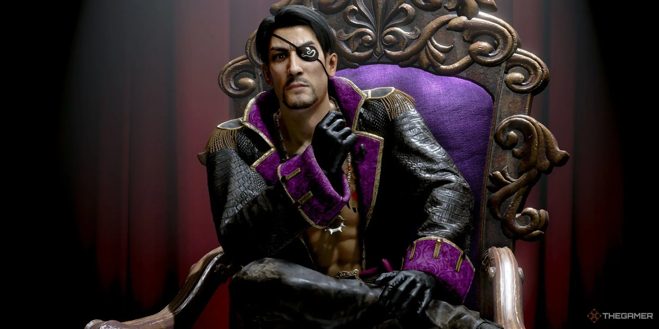 Majima ngồi trên ngai vàng trong bối cảnh hải tặc Like a Dragon tại Hawaii