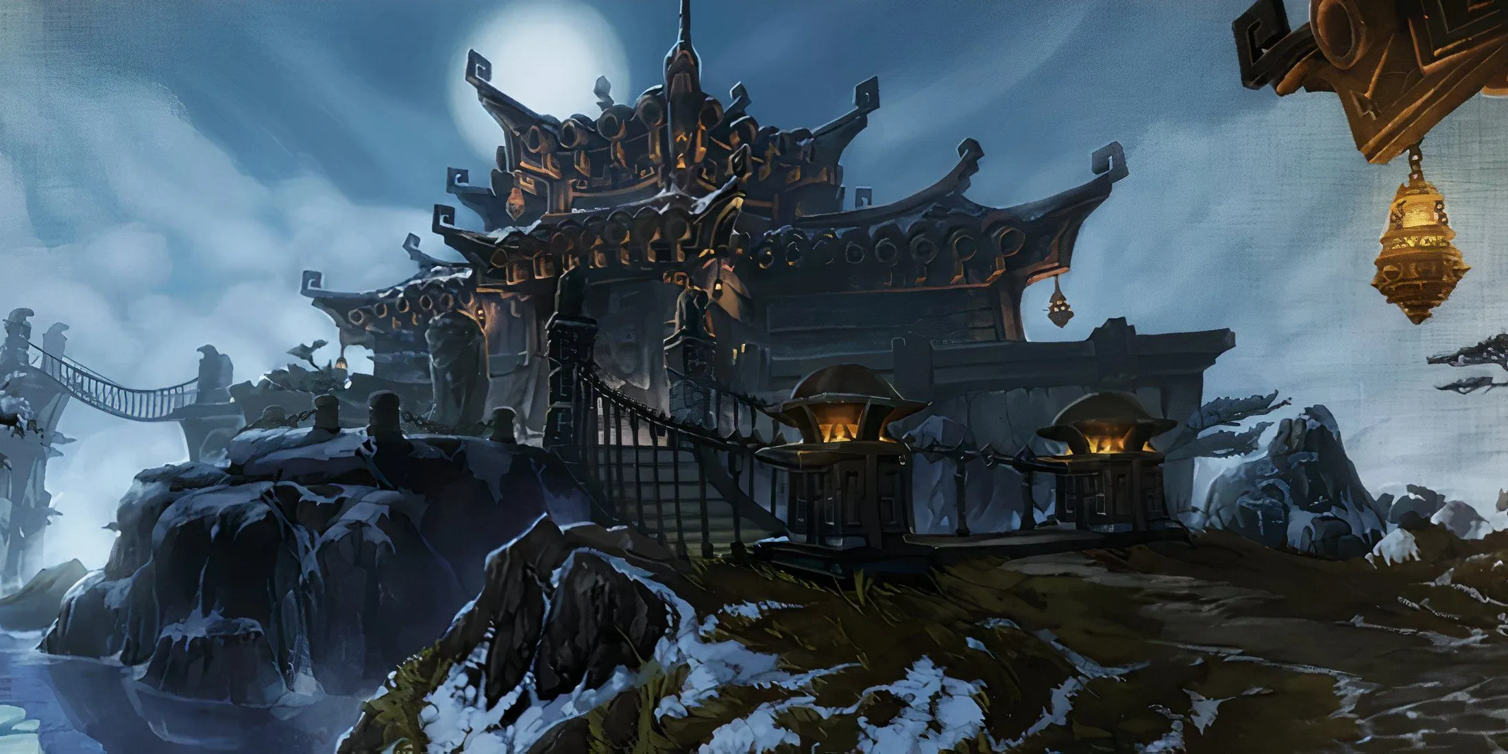 Màn hình tải game với hình ảnh Shado-Pan Monastery hùng vĩ, một thử thách cuối cùng và nơi rèn luyện tinh thần tối thượng cho những game thủ cấp cao trong WoW Mists of Pandaria