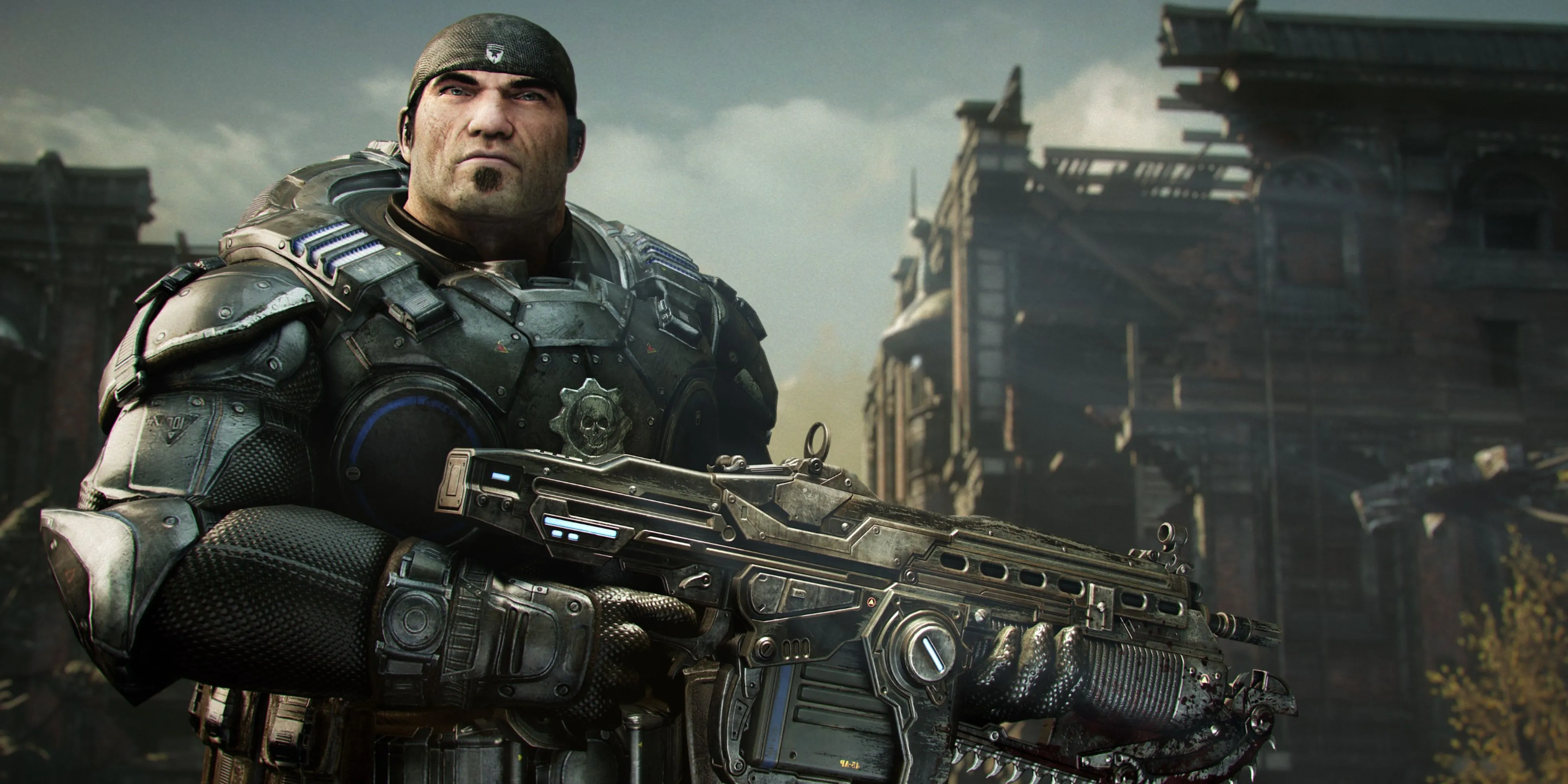 Marcus Fenix cầm súng trong Gears of War Reloaded, biểu tượng của series Gears