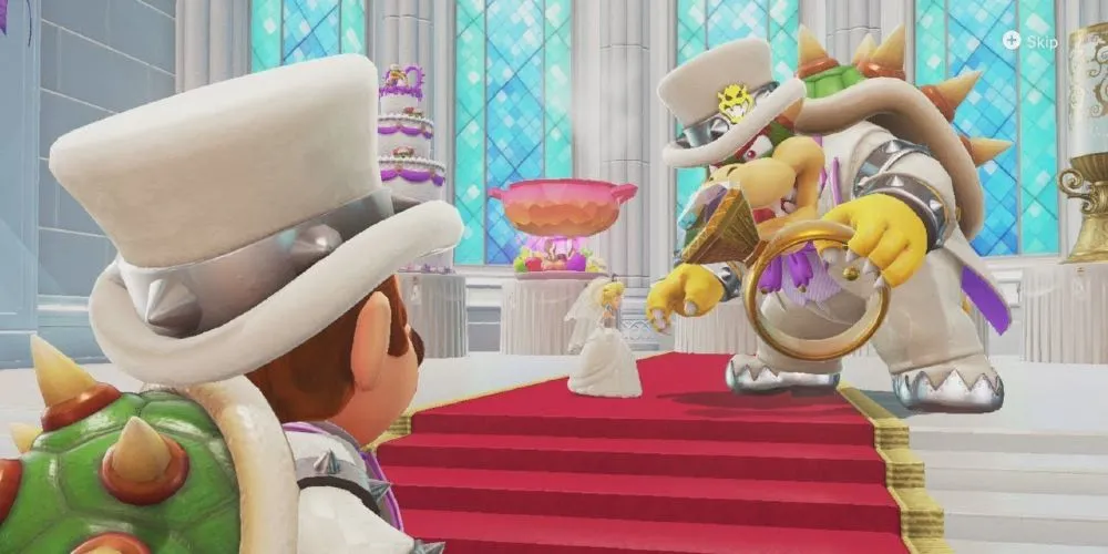 Mario nhìn đám cưới giữa Bowser và Công chúa Peach trong Super Mario Odyssey