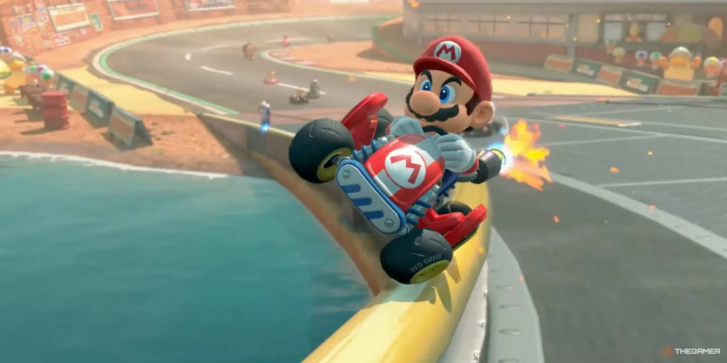 Mario rail grinding around a corner on Mario Bros. Circuit in Mario Kart World.
