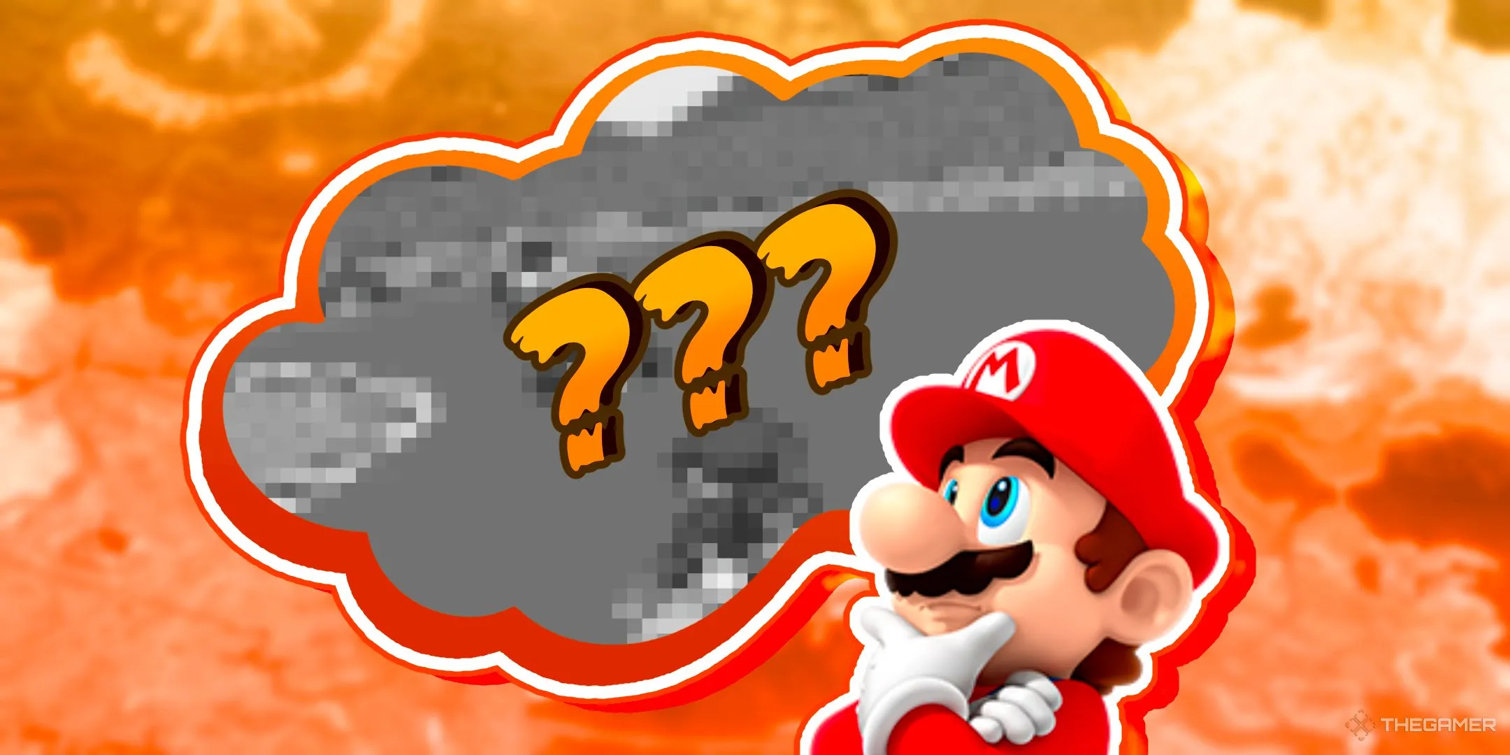 Mario thinking of a track from Mario Kart World with a thought bubble showing one of the tracks from Super Mario Kart.