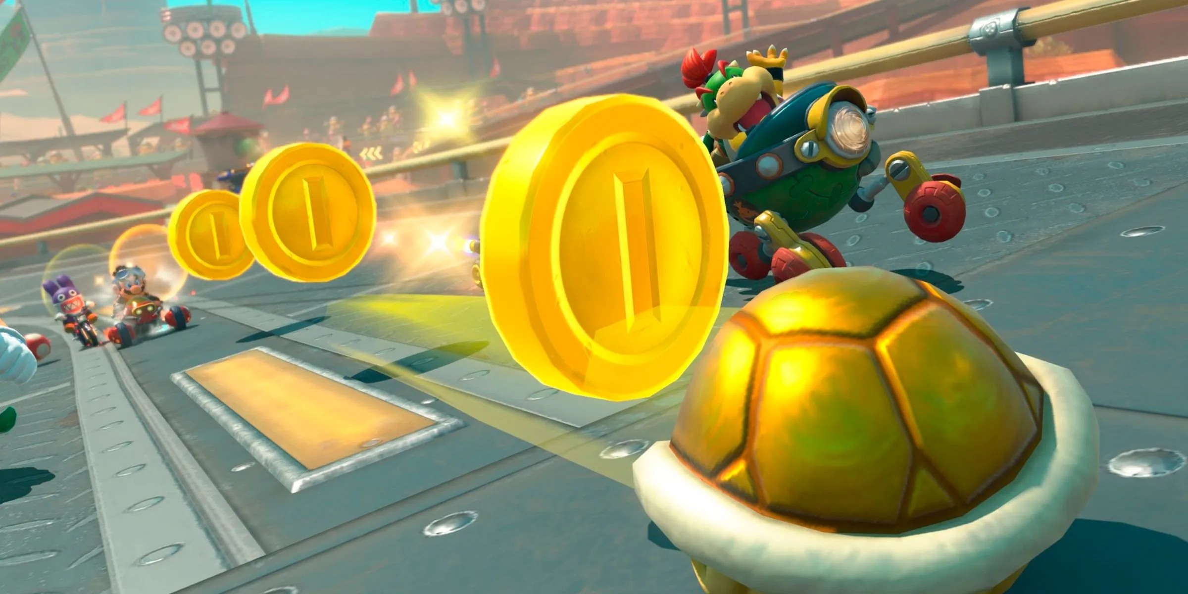 Mario throwing a Coin Shell towards Bowser Jr. on Mario Bros. Circuit in Mario Kart World.