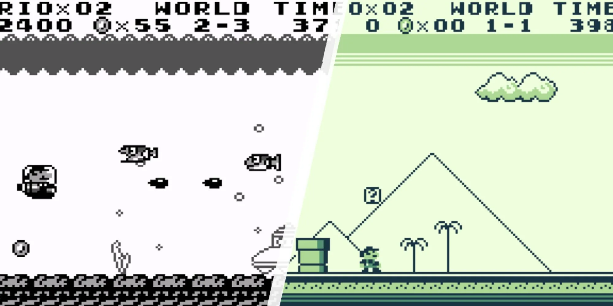 Mario trong một màn chơi bắn súng và gần kim tự tháp trong Super Mario Land cho Game Boy