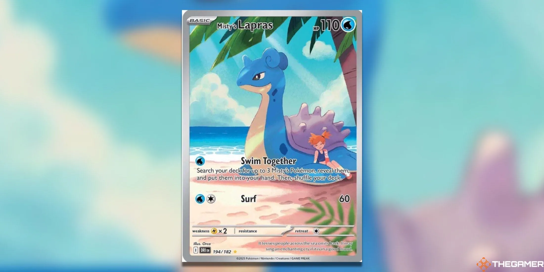Misty cùng Lapras bên bờ biển trong lá Illustration Rare của bộ Destined Rivals Pokemon TCG, với tông màu xanh tươi sáng.