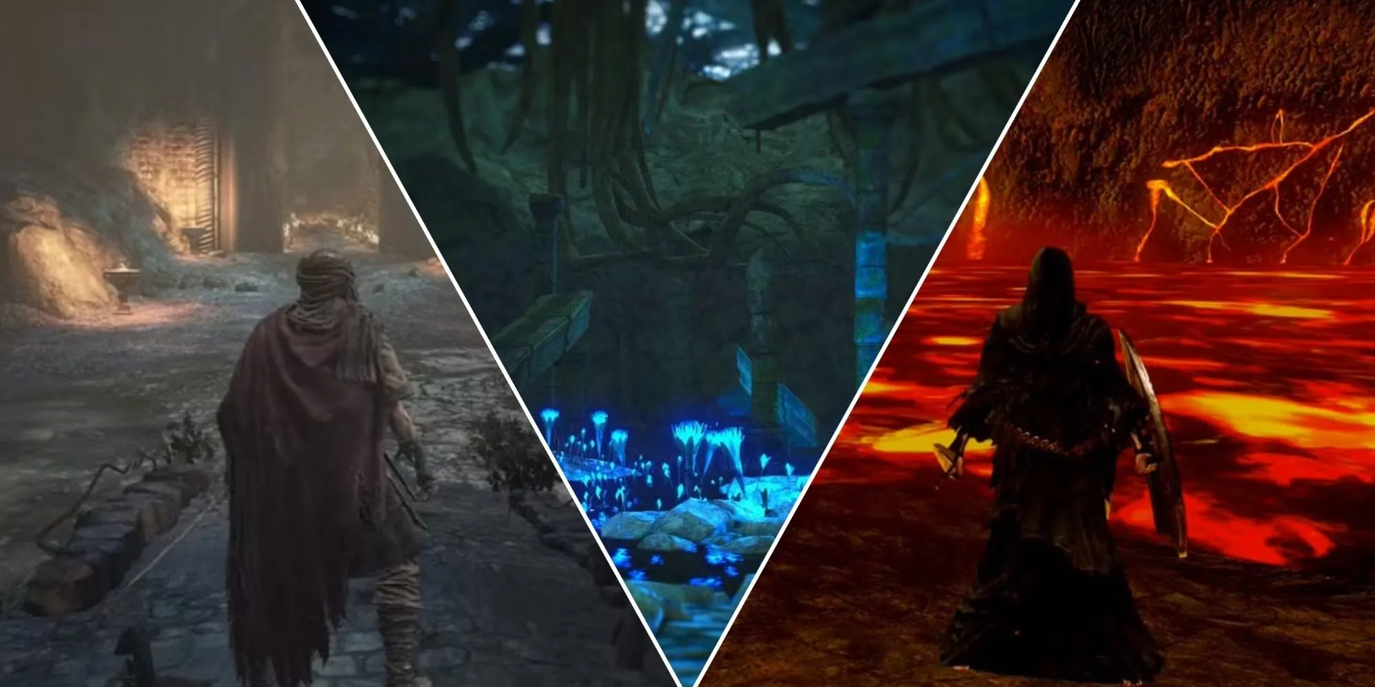 Một ảnh ghép các khu vực khó chịu trong game Soulsborne: Farron Keep từ Dark Souls 3, Shrine of Amana từ Dark Souls 2 và Lost Izalith từ Dark Souls