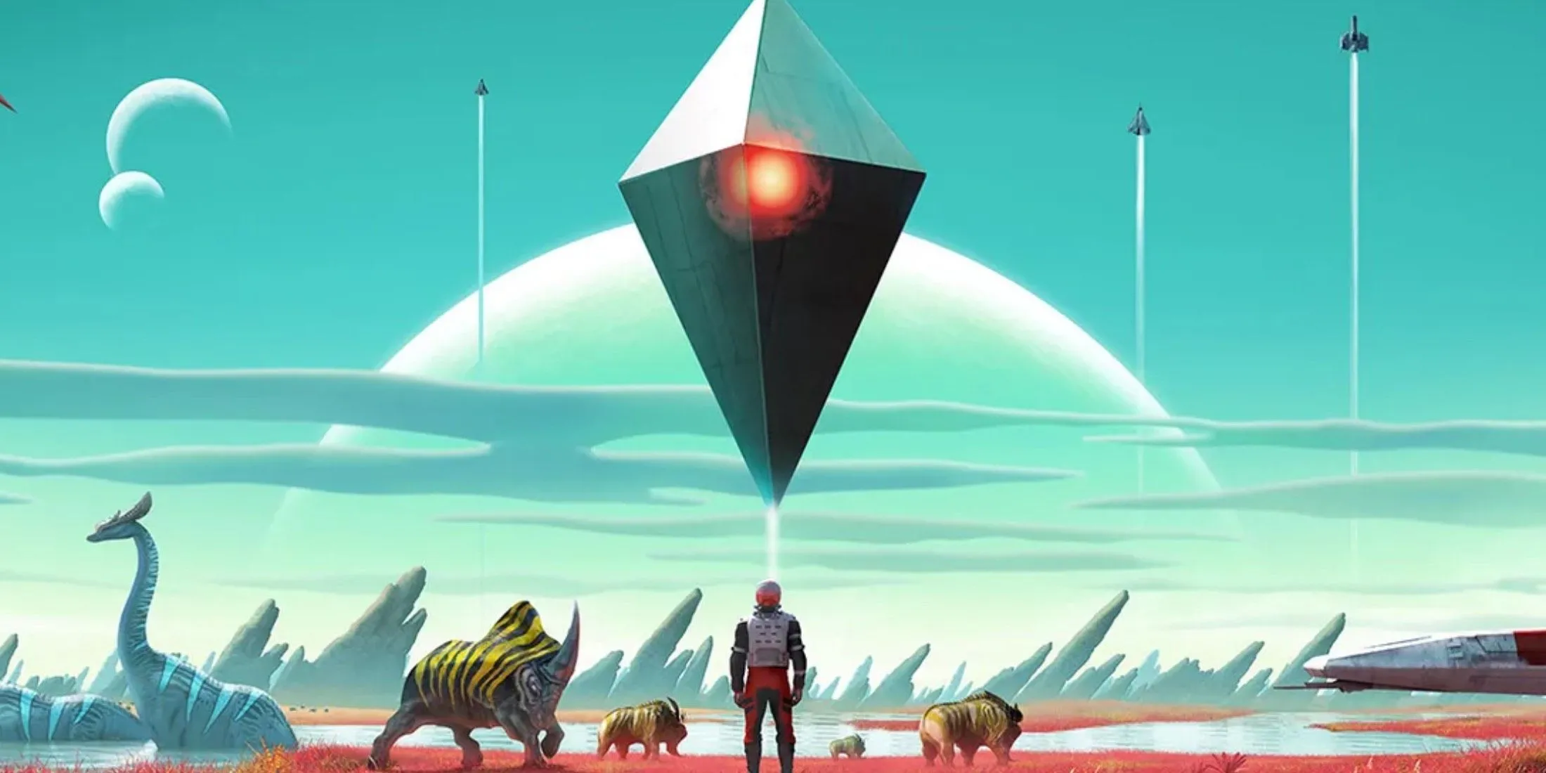 Một nhân vật game thủ No Man's Sky đứng giữa cảnh quan hành tinh rộng lớn, ngắm nhìn bầu trời đầy sao và các loài sinh vật ngoài hành tinh độc đáo, thể hiện sự bao la của vũ trụ trong game.
