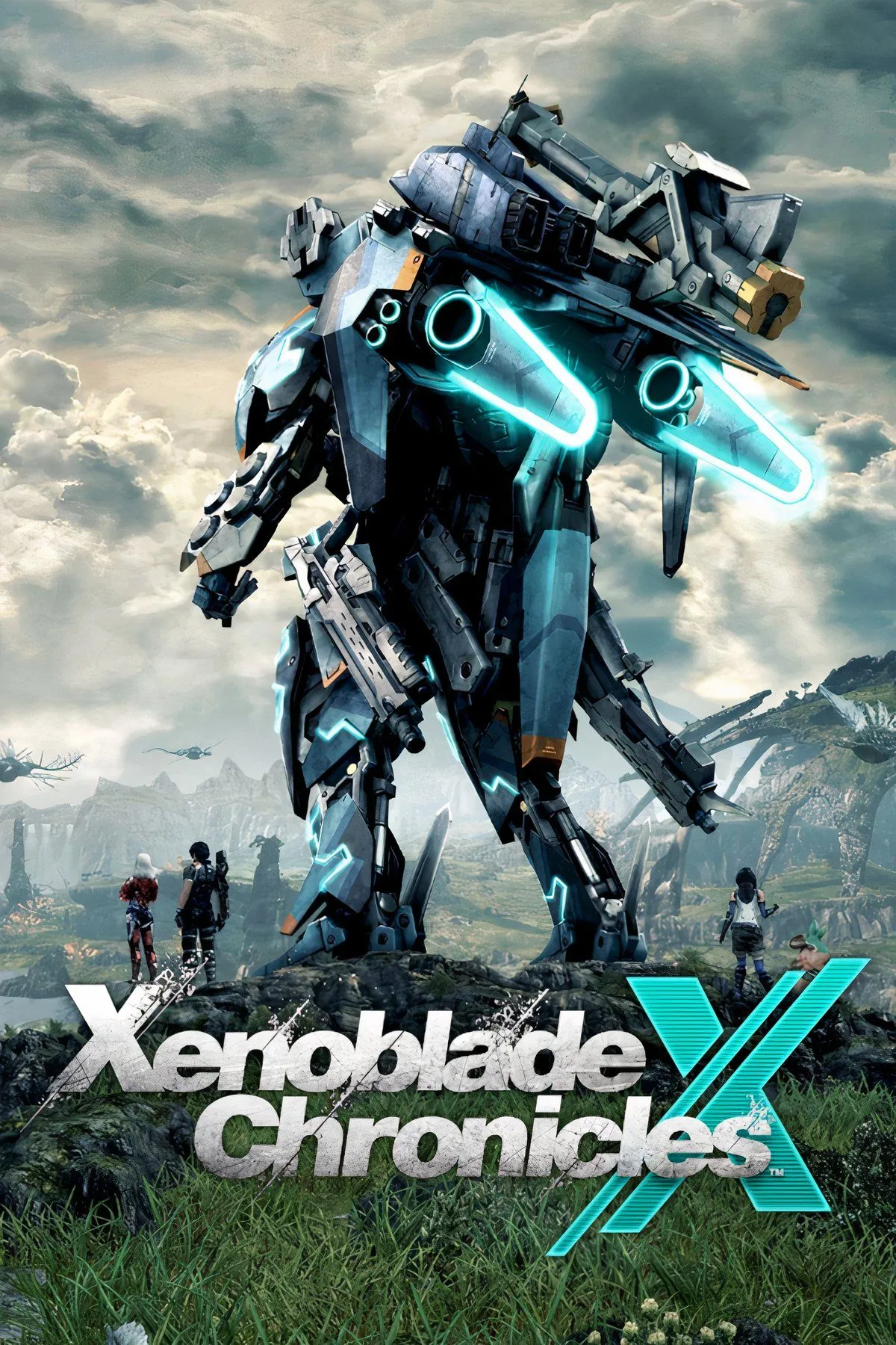 Nhân vật chính của Xenoblade Chronicles X đứng trước cảnh quan rộng lớn của hành tinh Mira, với mech Skell bay lượn phía xa