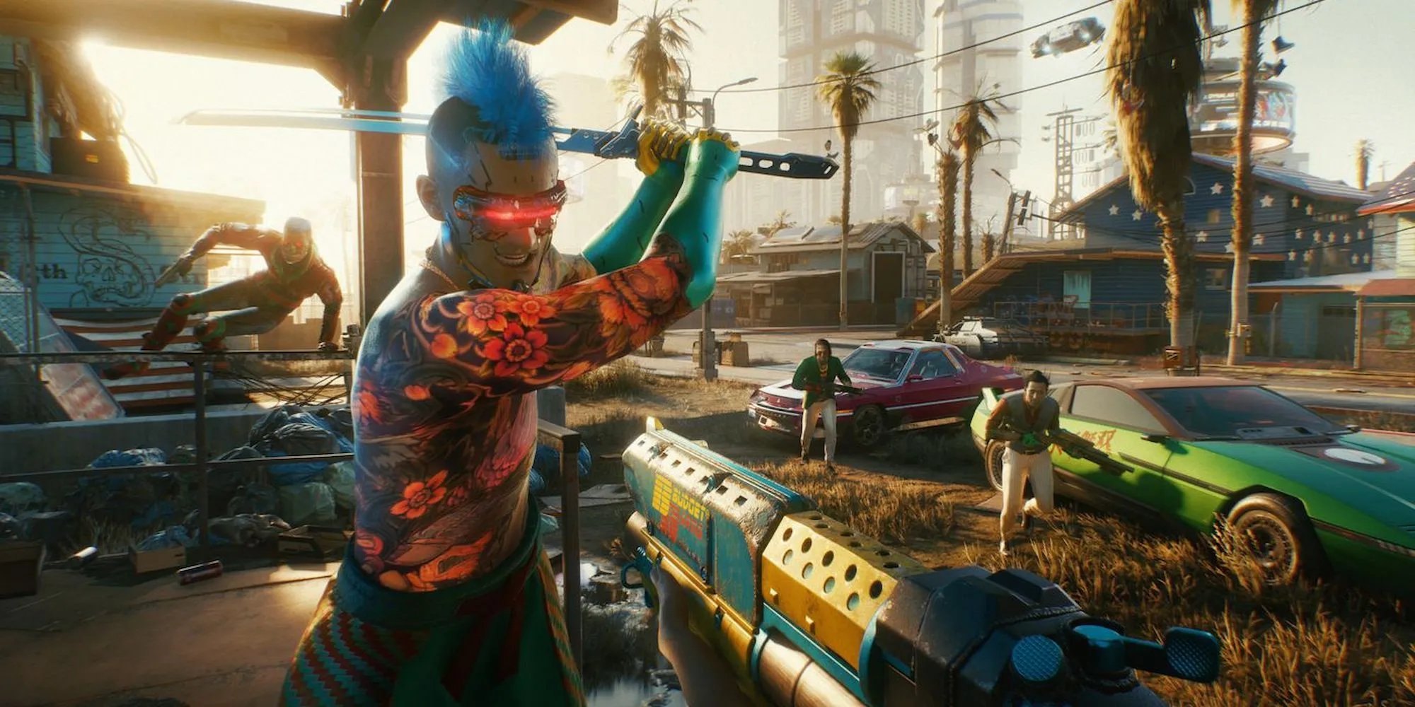 Nhân vật đang chiến đấu trong Cyberpunk 2077, một game RPG thế giới mở