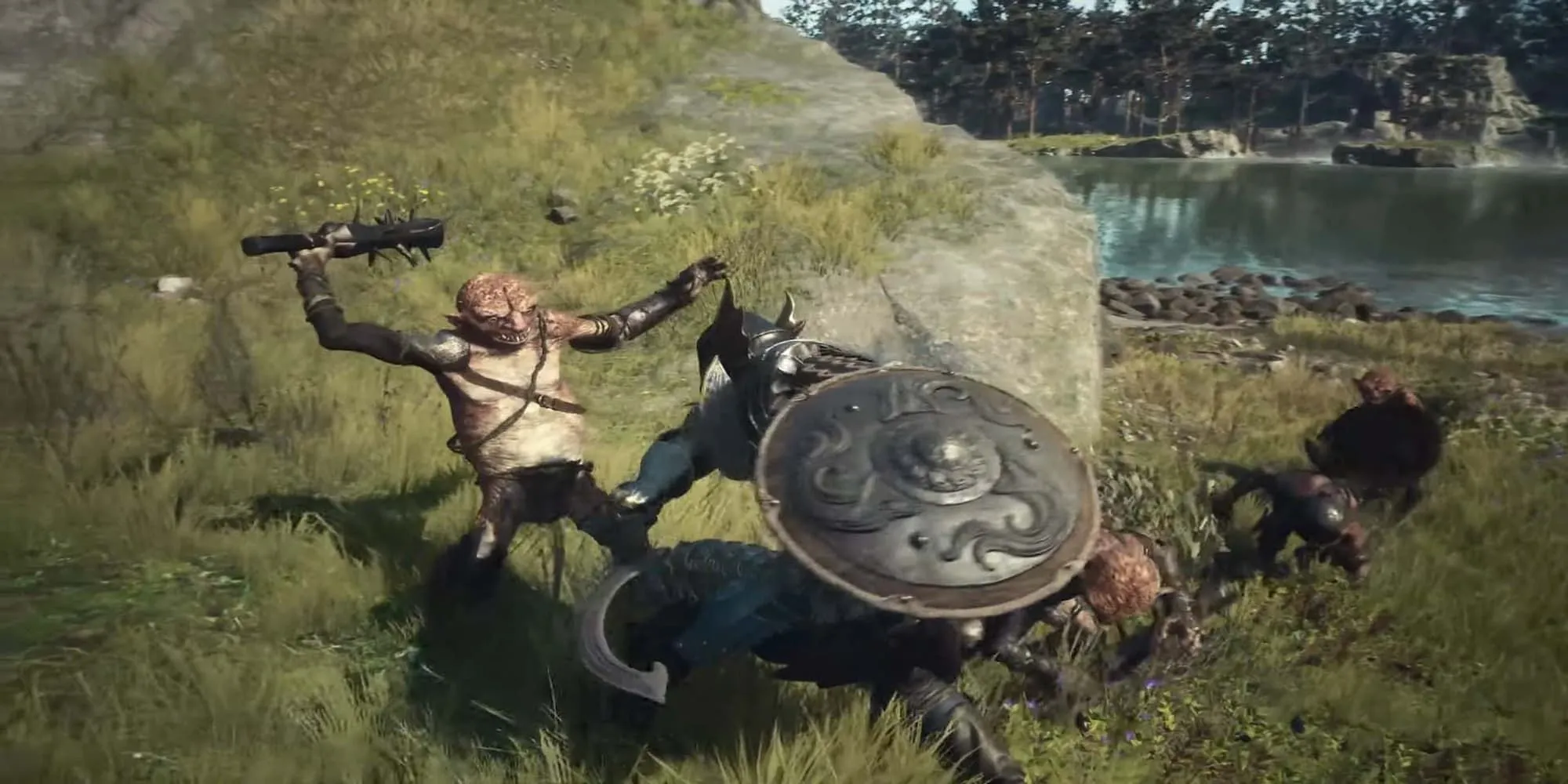 Nhân vật người chơi chiến đấu bằng khiên trong Dragon's Dogma 2.