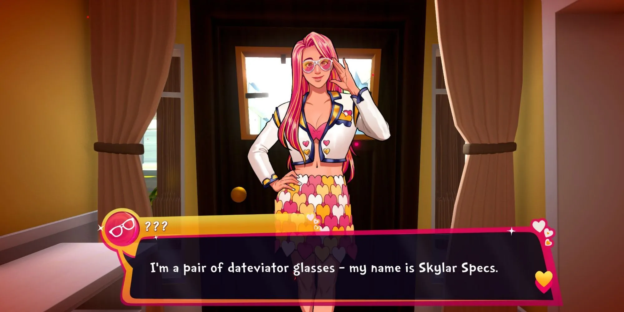 Nhân vật Skyler, người hướng dẫn đầu tiên trong game Date Everything!, được nhân hóa từ cặp kính Dateviators.